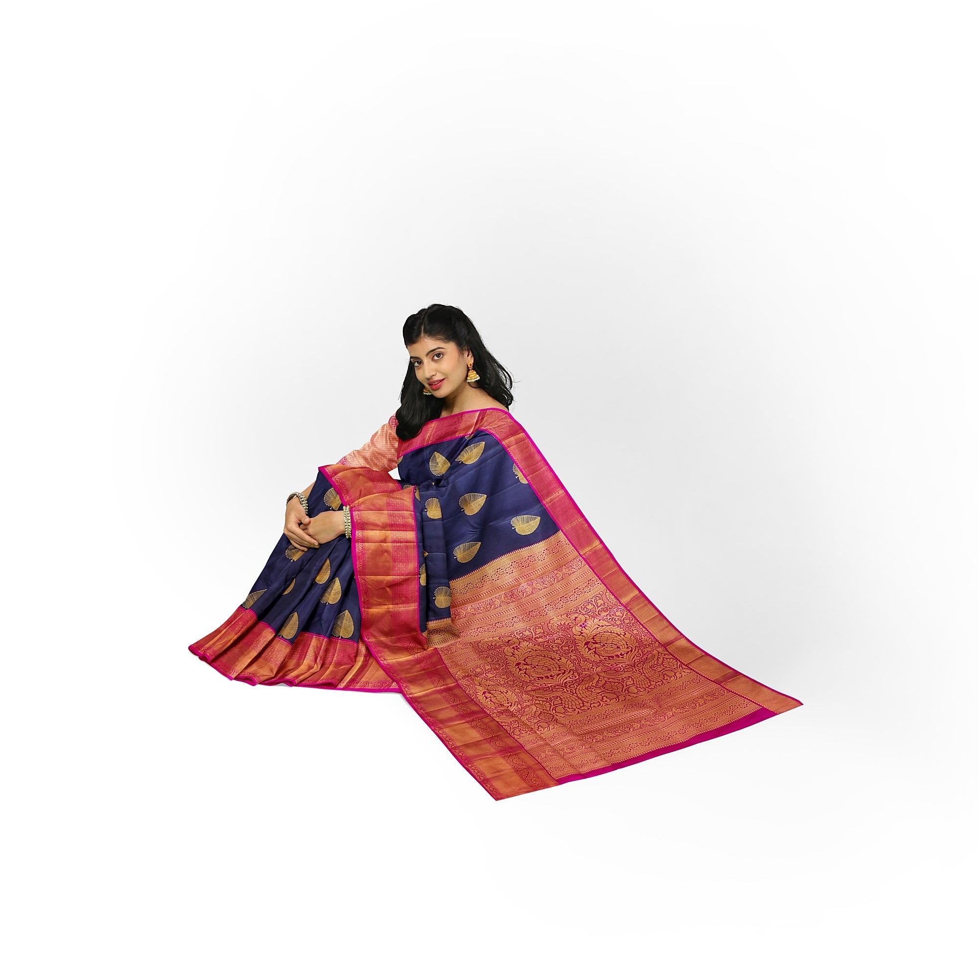 Ink Blue Kanjivaram Silk Saree with Pink Zari Border – Pure Handloom Bridal Saree Online - New Sudarshan Silks`