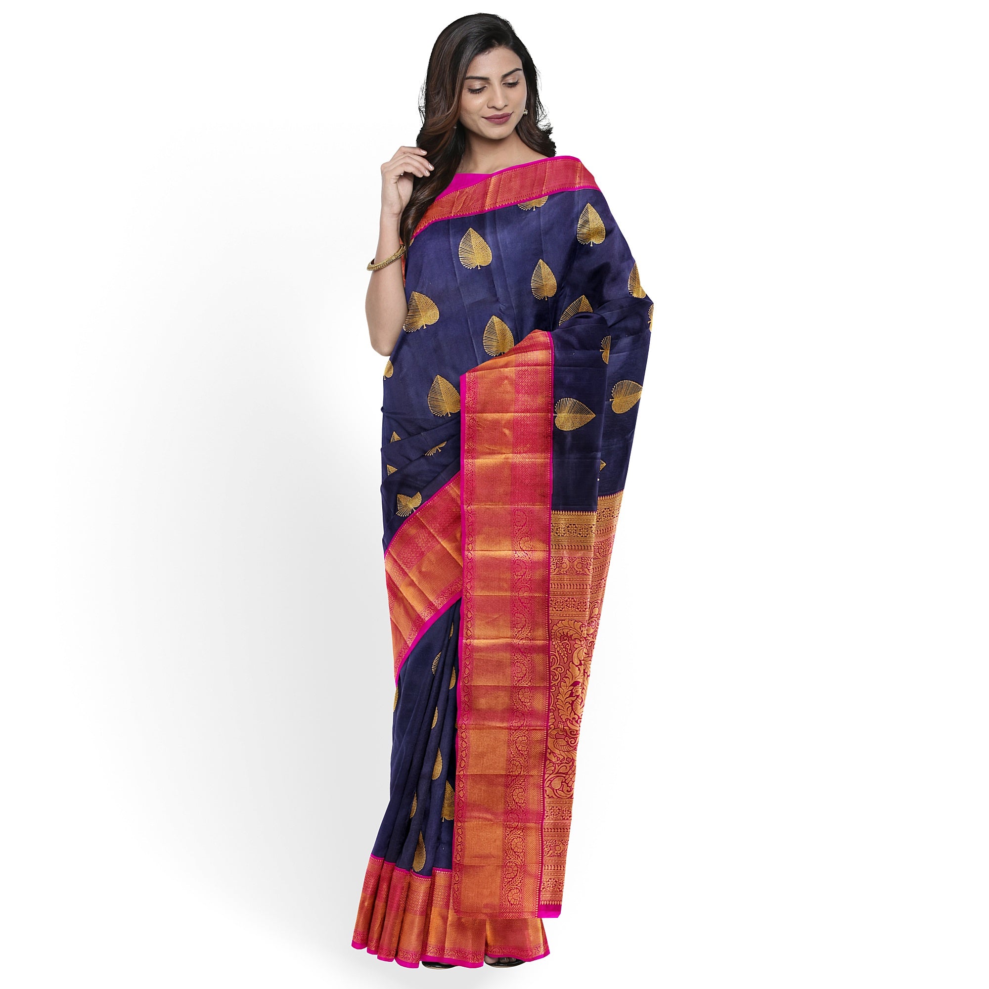 Ink Blue Kanjivaram Silk Saree with Pink Zari Border – Pure Handloom Bridal Saree Online - New Sudarshan Silks`