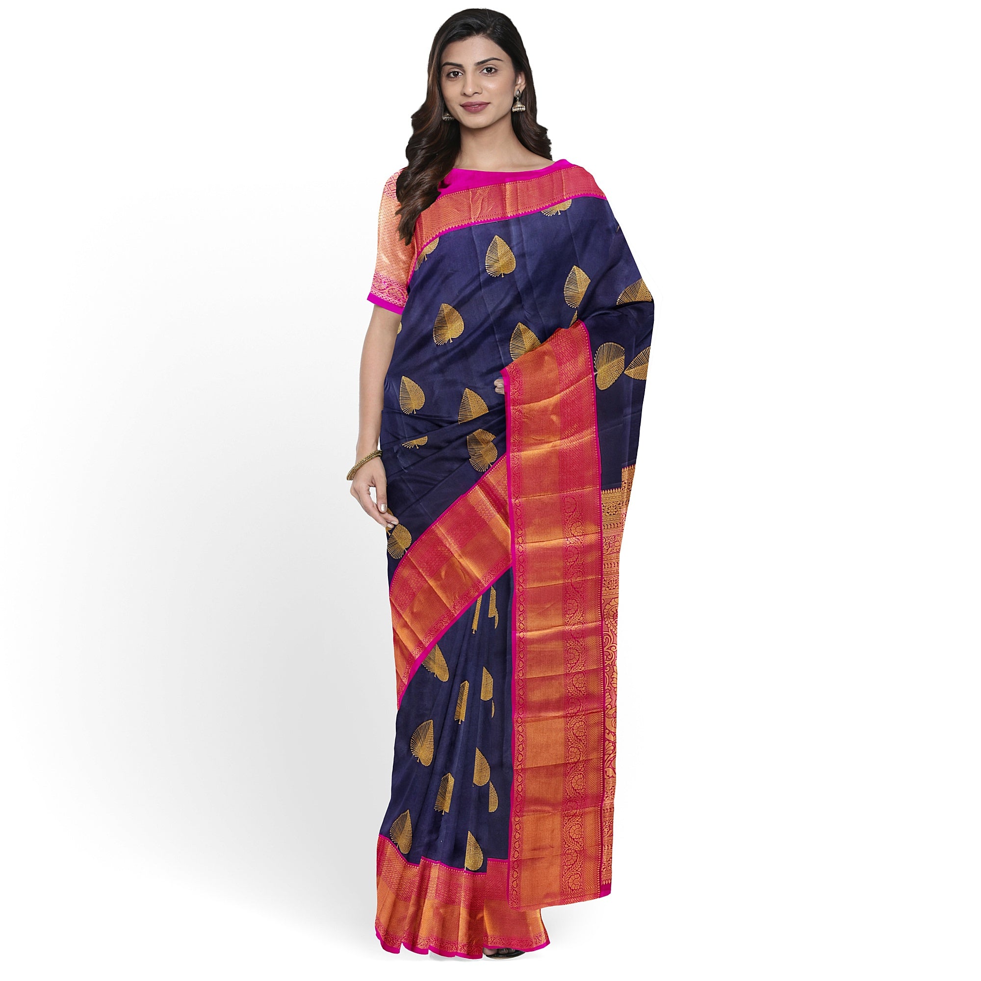 Ink Blue Kanjivaram Silk Saree with Pink Zari Border – Pure Handloom Bridal Saree Online - New Sudarshan Silks`