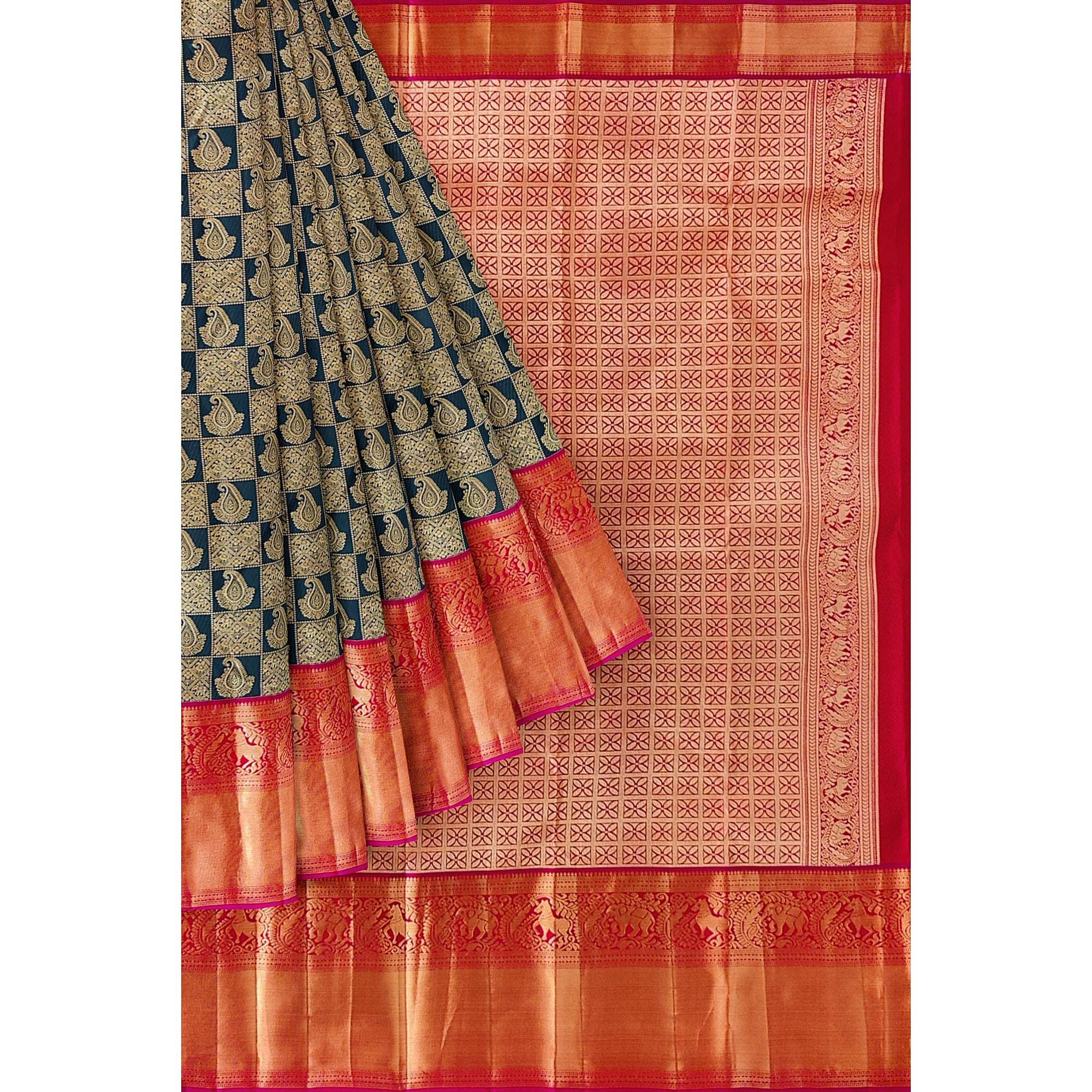 Bottle Green Kanjivaram Silk Saree with Pink Brocade Zari Border – Pure Handloom Bridal Saree Online - New Sudarshan Silks`