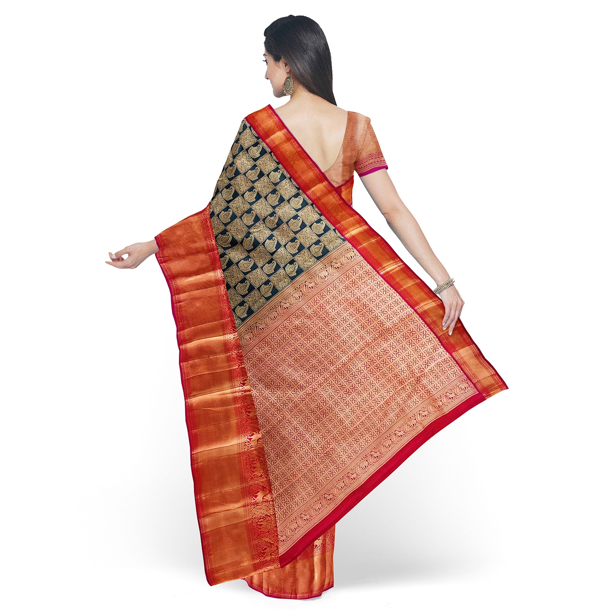 Bottle Green Kanjivaram Silk Saree with Pink Brocade Zari Border – Pure Handloom Bridal Saree Online - New Sudarshan Silks`