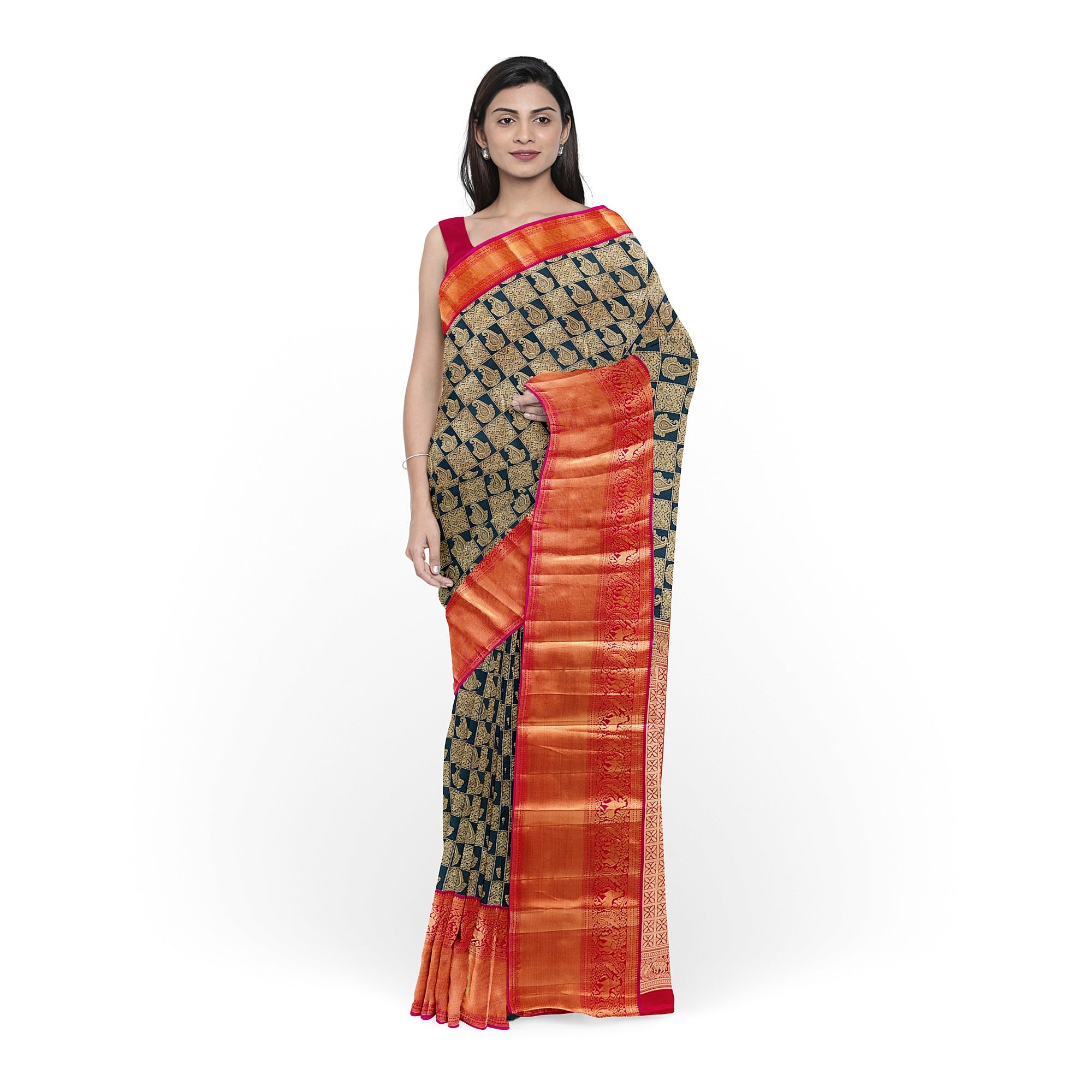 Bottle Green Kanjivaram Silk Saree with Pink Brocade Zari Border – Pure Handloom Bridal Saree Online - New Sudarshan Silks`