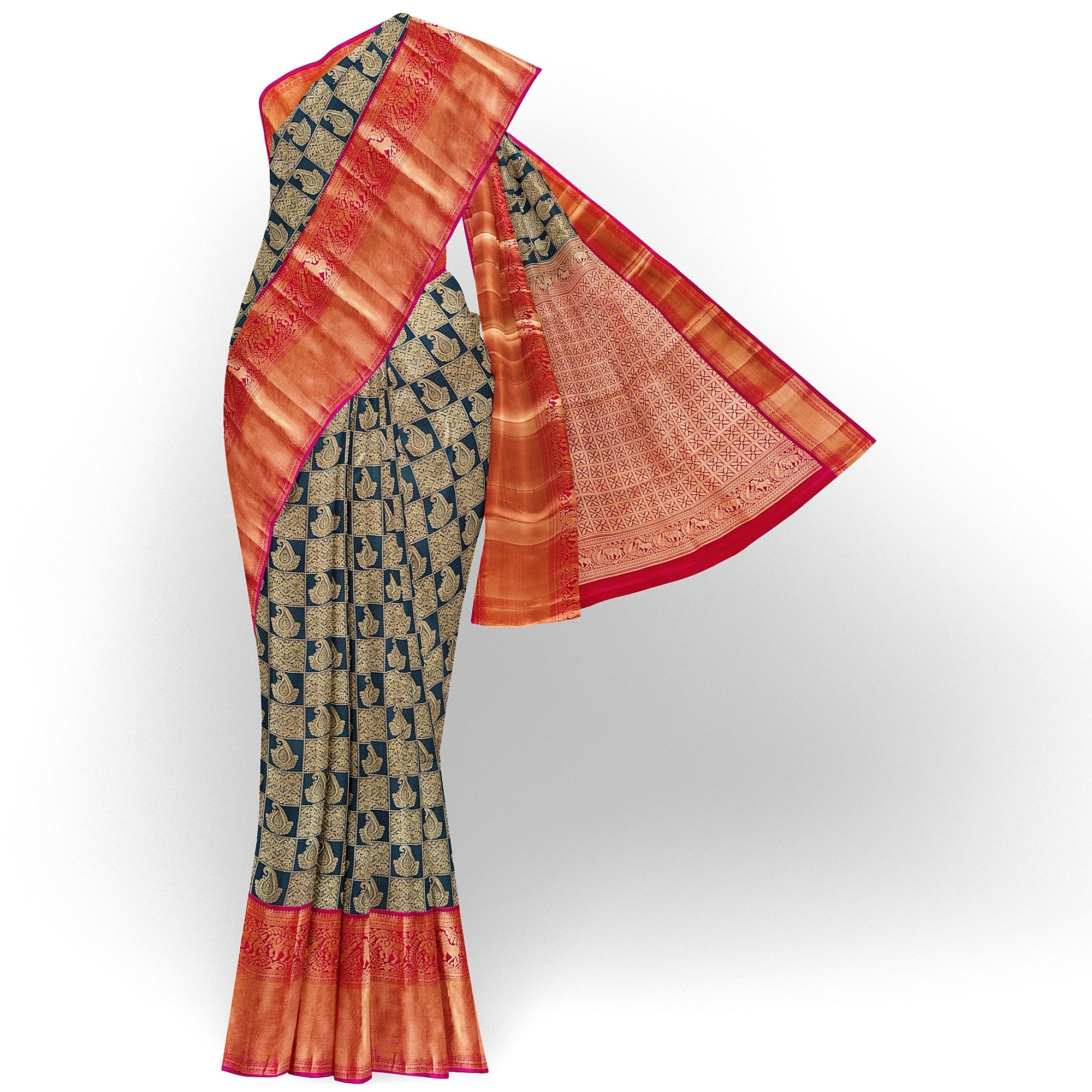 Bottle Green Kanjivaram Silk Saree with Pink Brocade Zari Border – Pure Handloom Bridal Saree Online - New Sudarshan Silks`