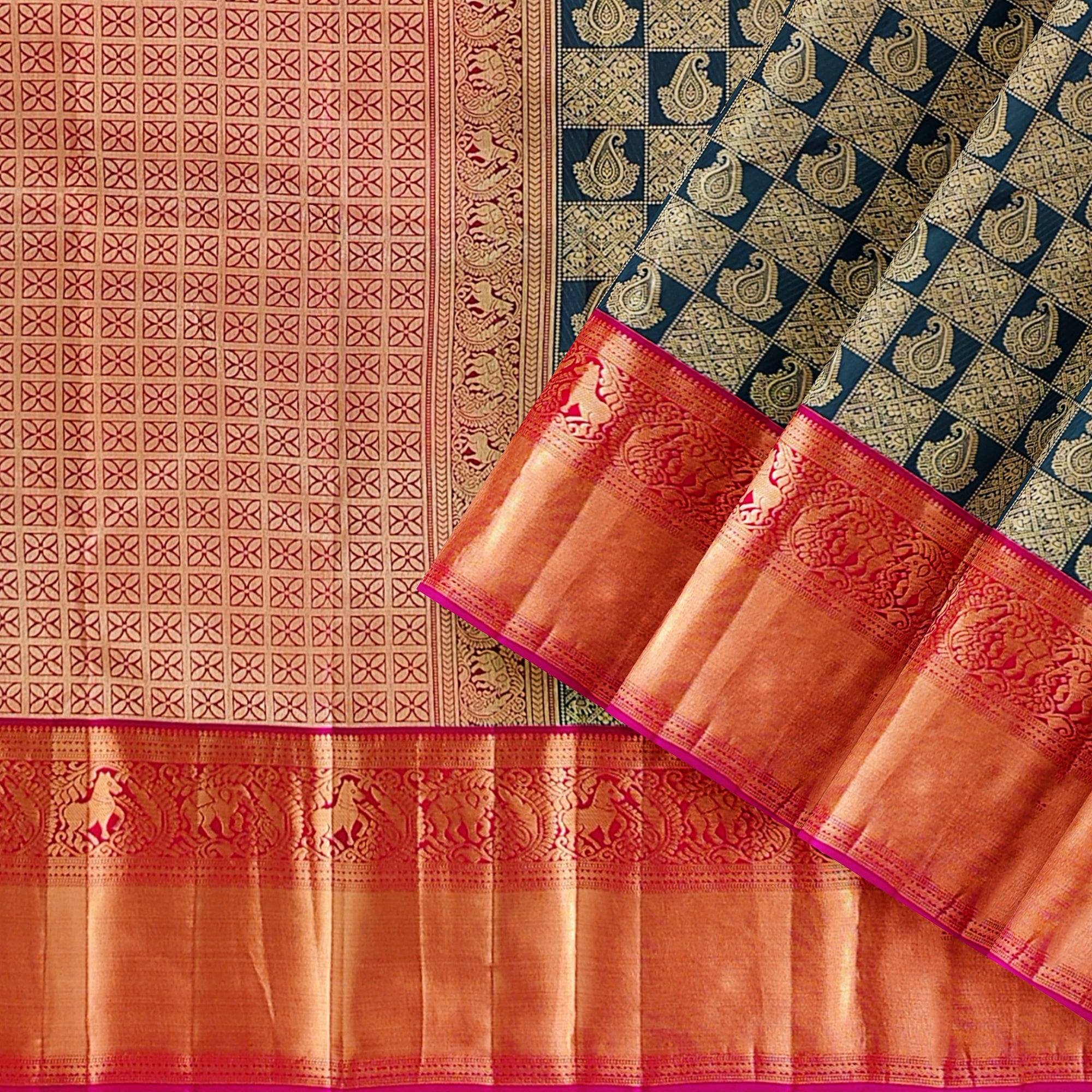 Bottle Green Kanjivaram Silk Saree with Pink Brocade Zari Border – Pure Handloom Bridal Saree Online - New Sudarshan Silks`