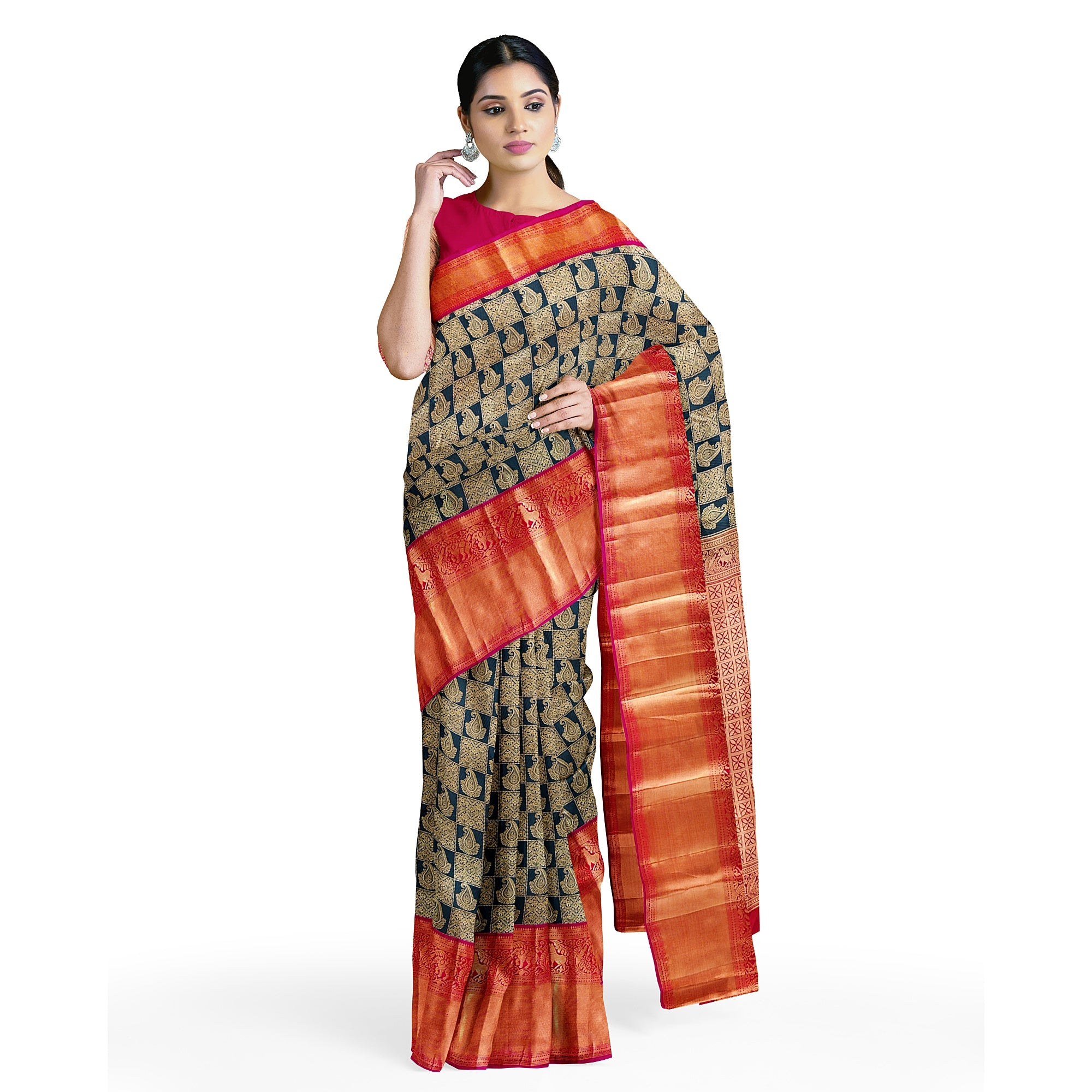 Bottle Green Kanjivaram Silk Saree with Pink Brocade Zari Border – Pure Handloom Bridal Saree Online - New Sudarshan Silks`