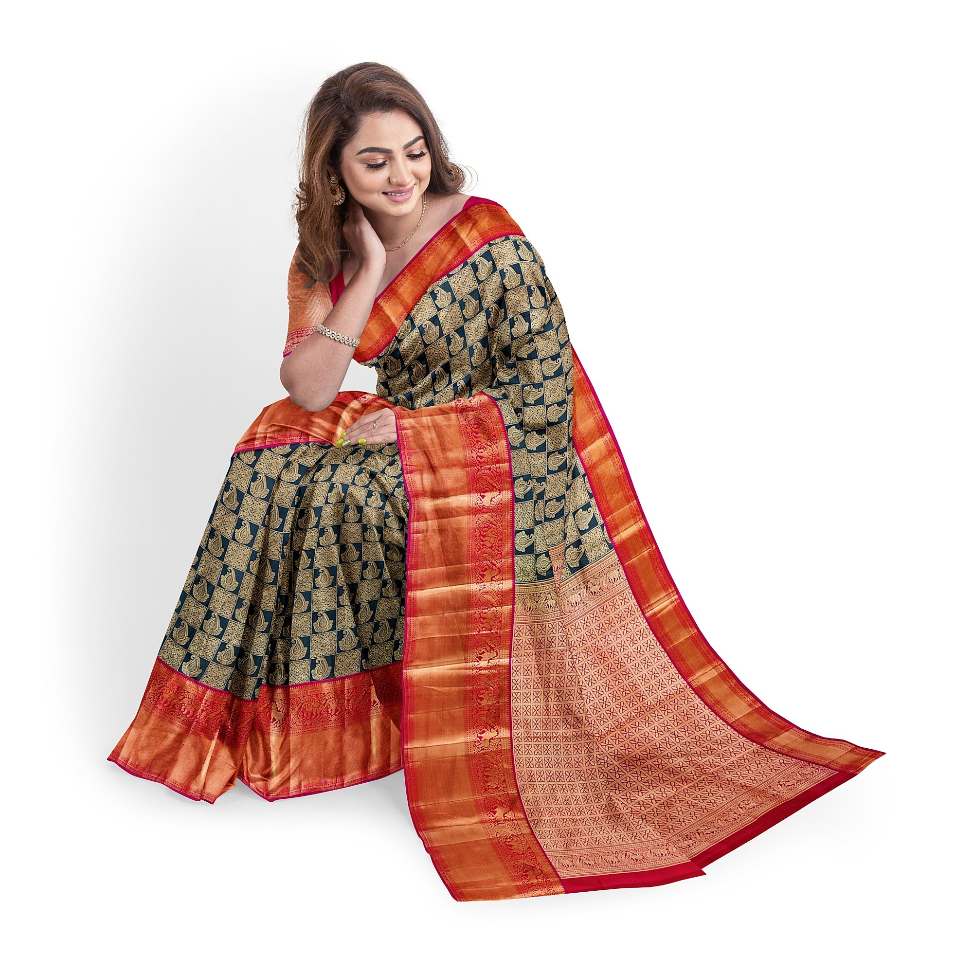 Bottle Green Kanjivaram Silk Saree with Pink Brocade Zari Border – Pure Handloom Bridal Saree Online - New Sudarshan Silks`