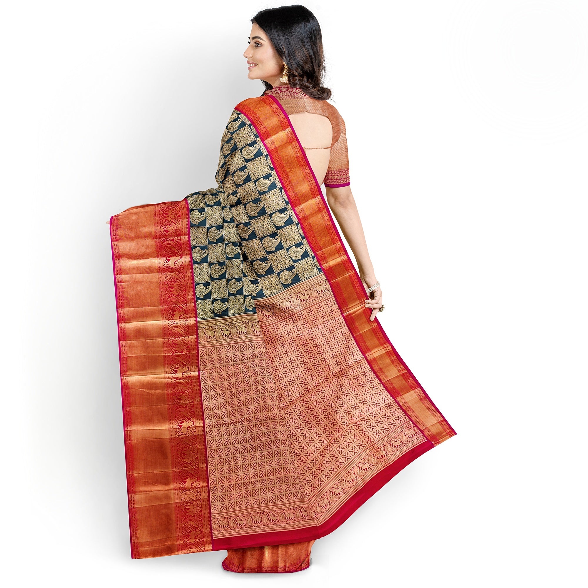 Bottle Green Kanjivaram Silk Saree with Pink Brocade Zari Border – Pure Handloom Bridal Saree Online - New Sudarshan Silks`