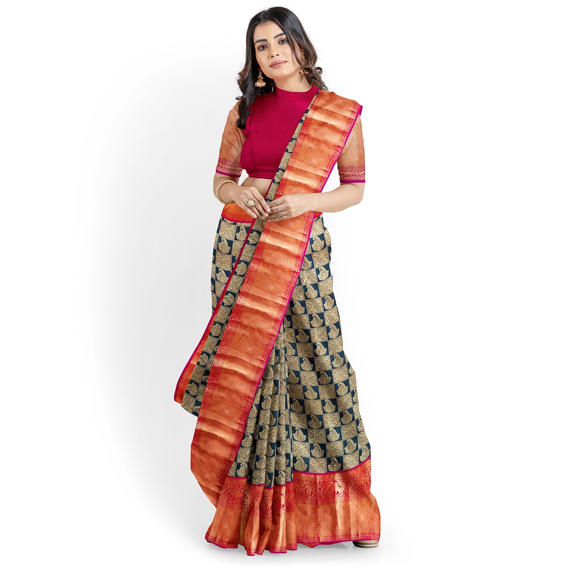 Bottle Green Kanjivaram Silk Saree with Pink Brocade Zari Border – Pure Handloom Bridal Saree Online - New Sudarshan Silks`