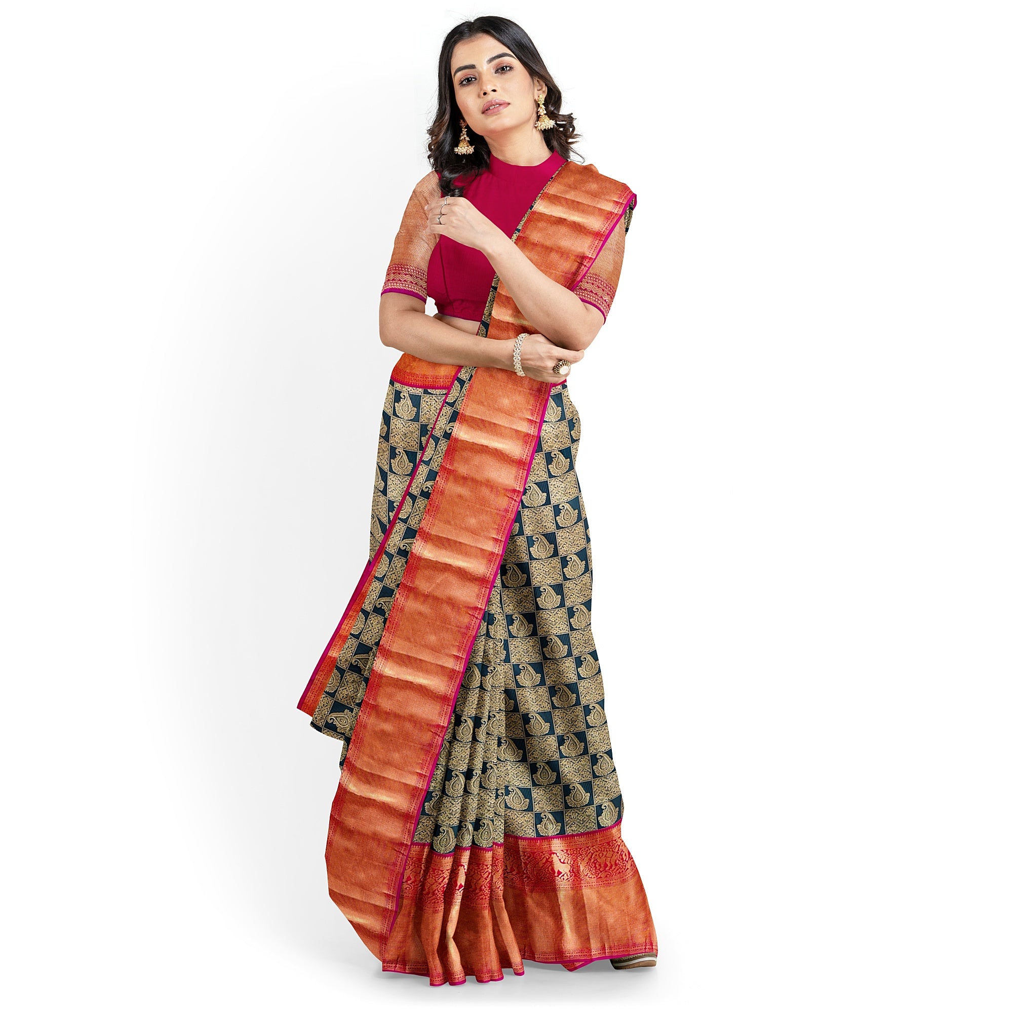 Bottle Green Kanjivaram Silk Saree with Pink Brocade Zari Border – Pure Handloom Bridal Saree Online - New Sudarshan Silks`