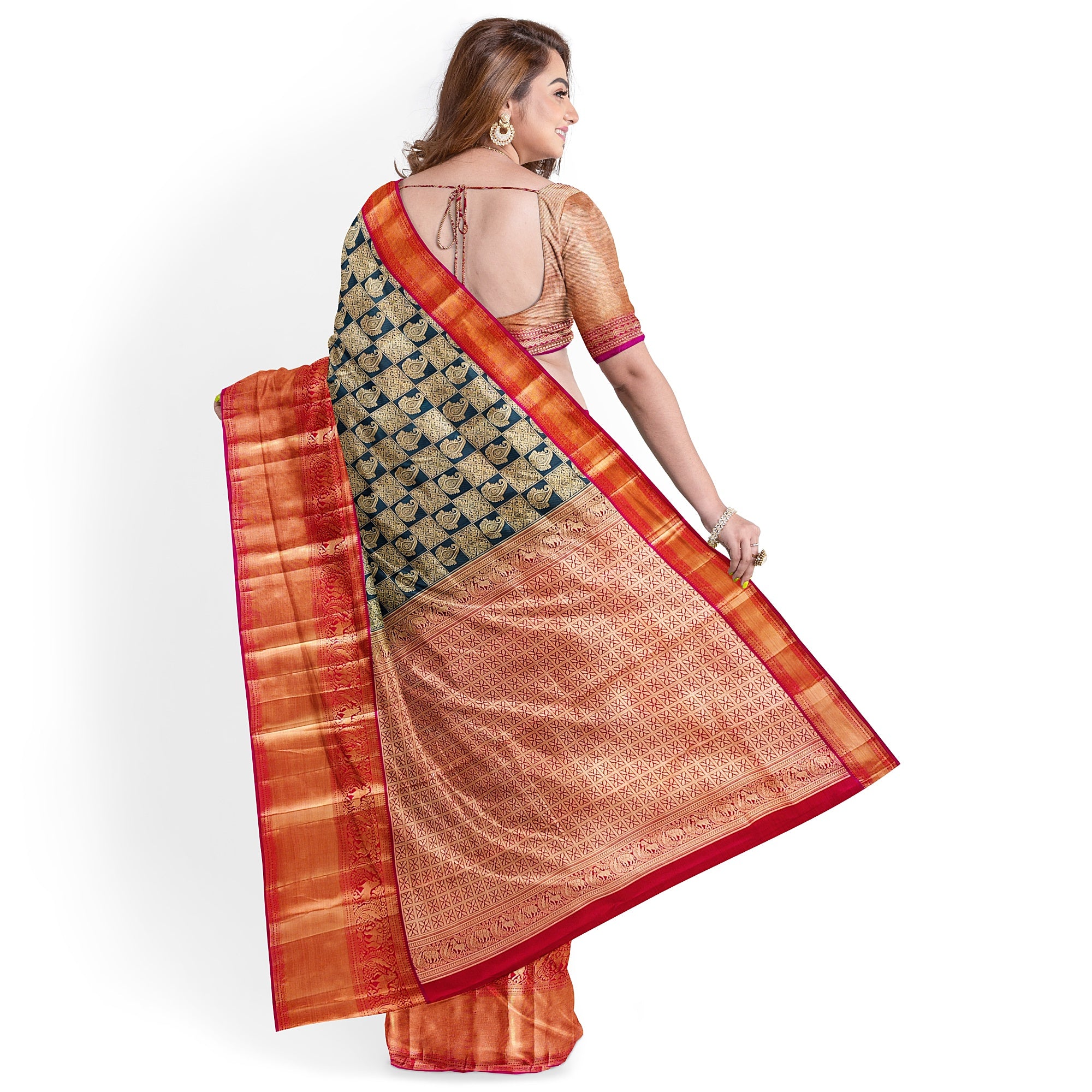 Bottle Green Kanjivaram Silk Saree with Pink Brocade Zari Border – Pure Handloom Bridal Saree Online - New Sudarshan Silks`