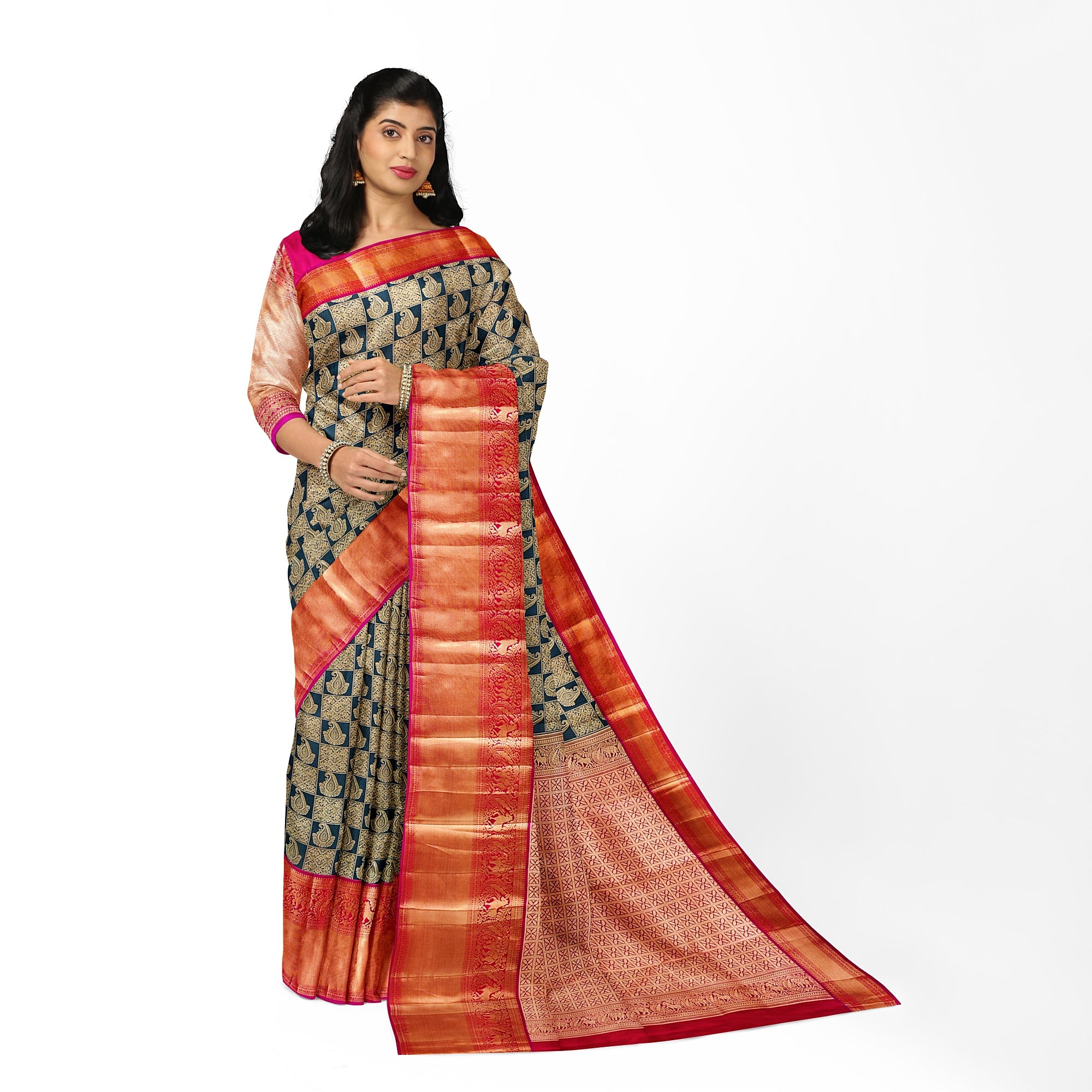 Bottle Green Kanjivaram Silk Saree with Pink Brocade Zari Border – Pure Handloom Bridal Saree Online - New Sudarshan Silks`