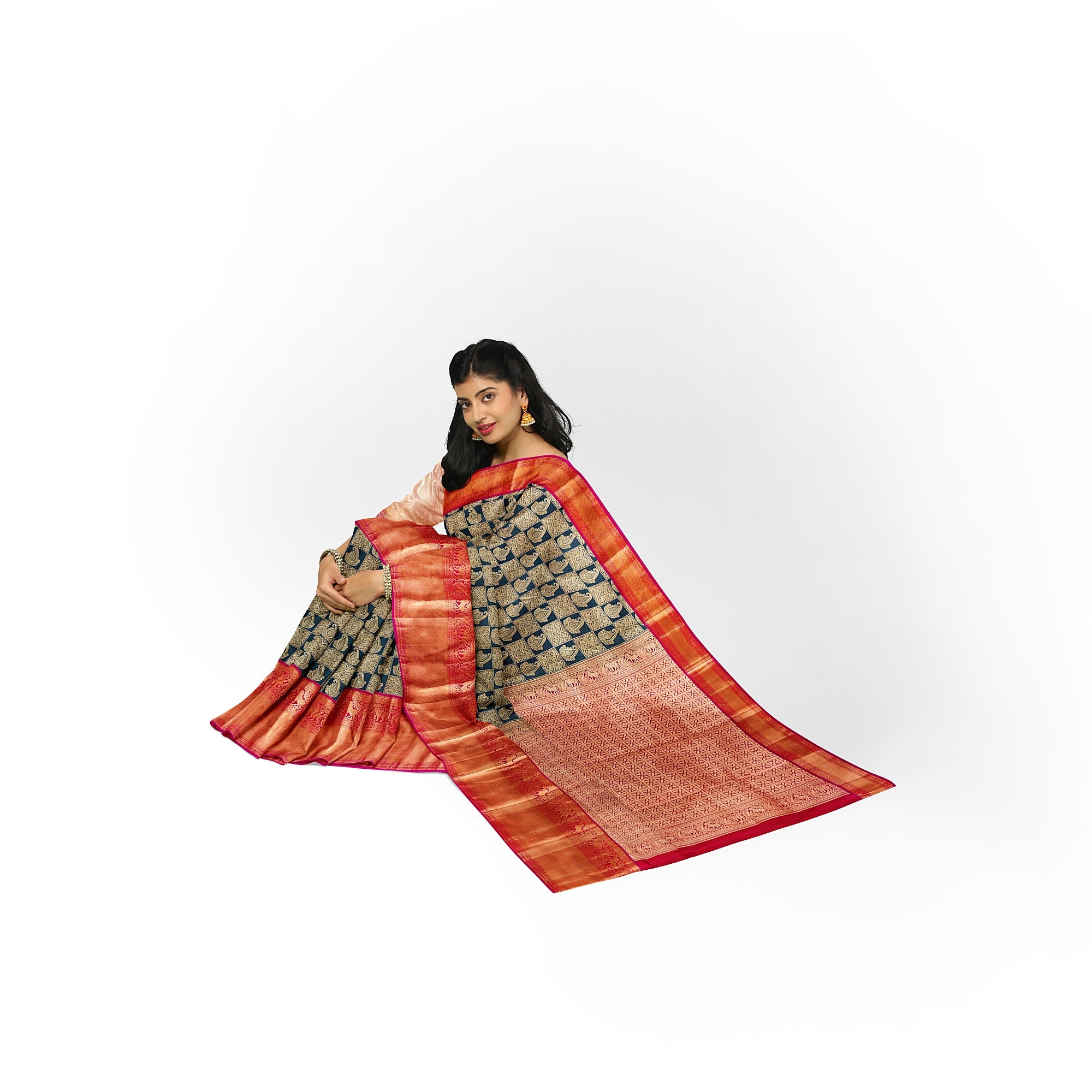 Bottle Green Kanjivaram Silk Saree with Pink Brocade Zari Border – Pure Handloom Bridal Saree Online - New Sudarshan Silks`