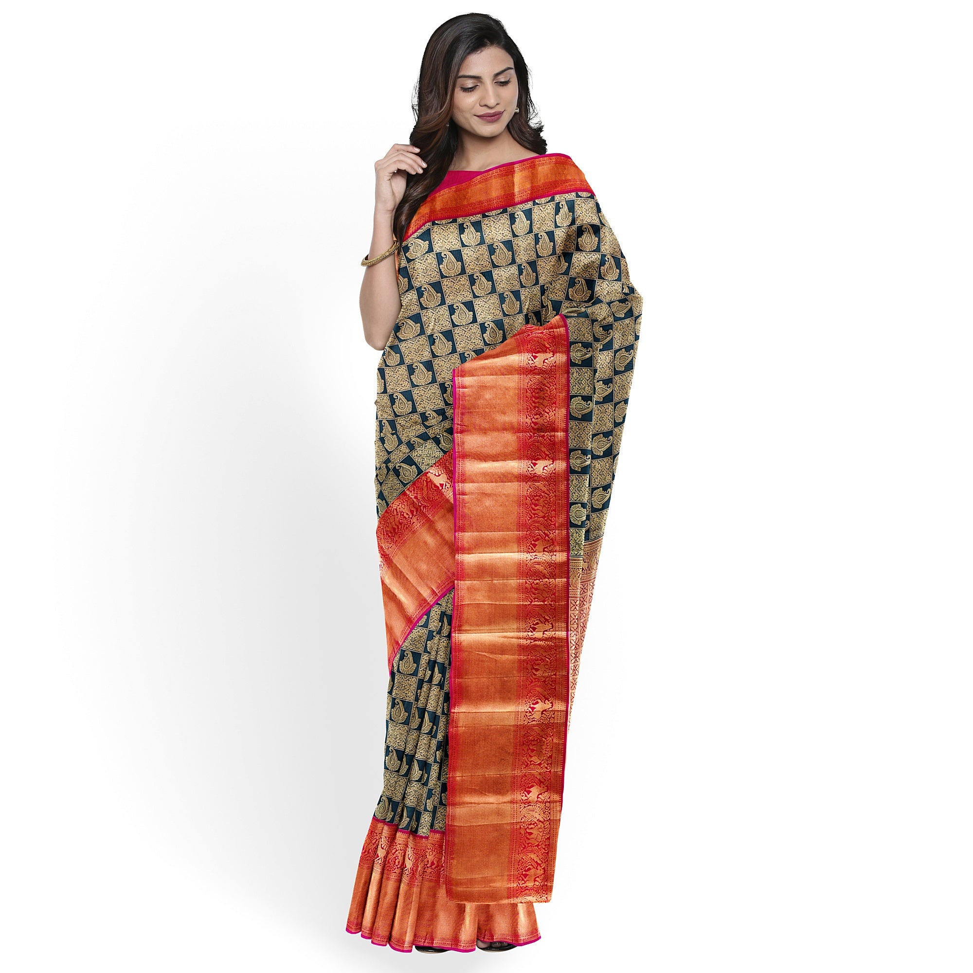Bottle Green Kanjivaram Silk Saree with Pink Brocade Zari Border – Pure Handloom Bridal Saree Online - New Sudarshan Silks`