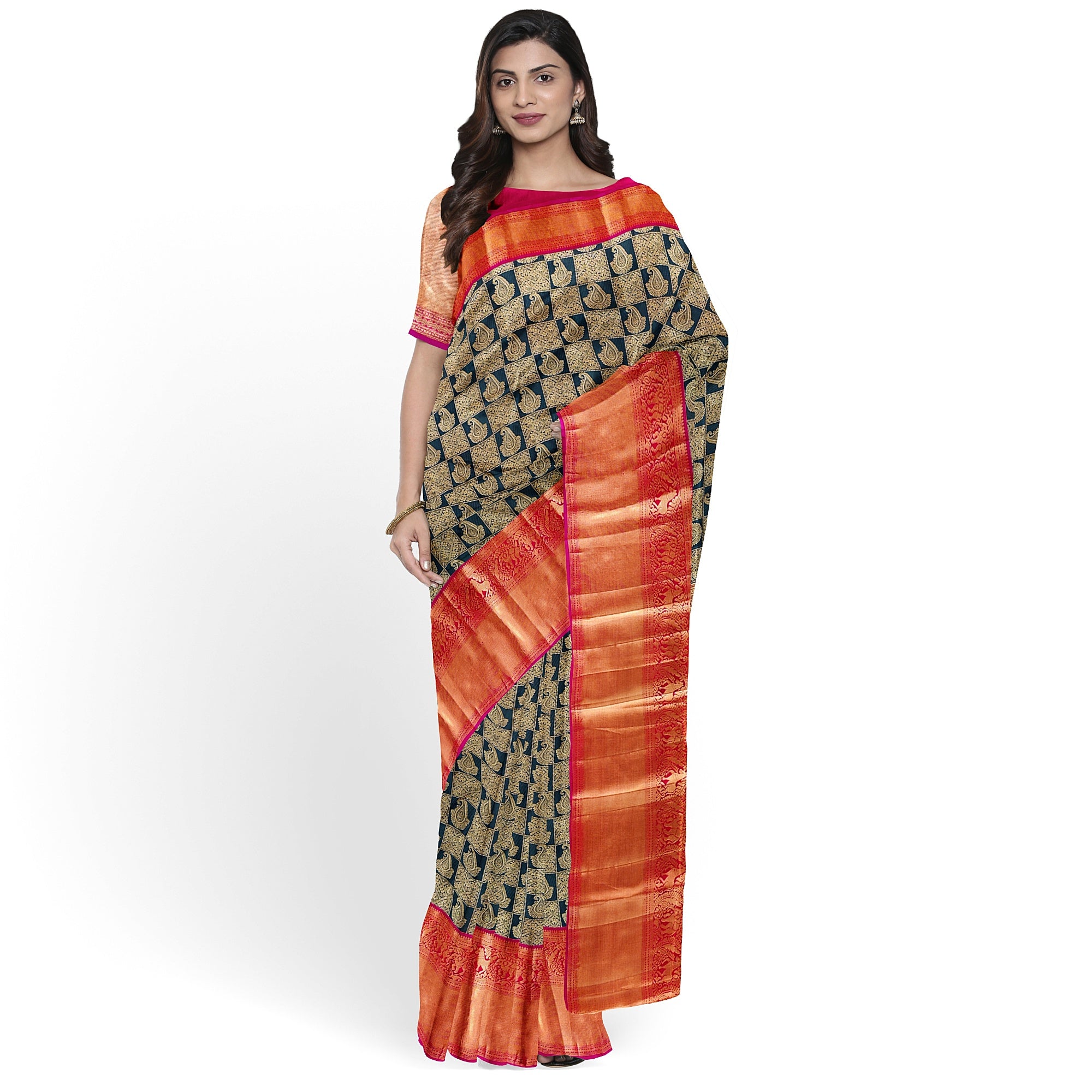 Bottle Green Kanjivaram Silk Saree with Pink Brocade Zari Border – Pure Handloom Bridal Saree Online - New Sudarshan Silks`