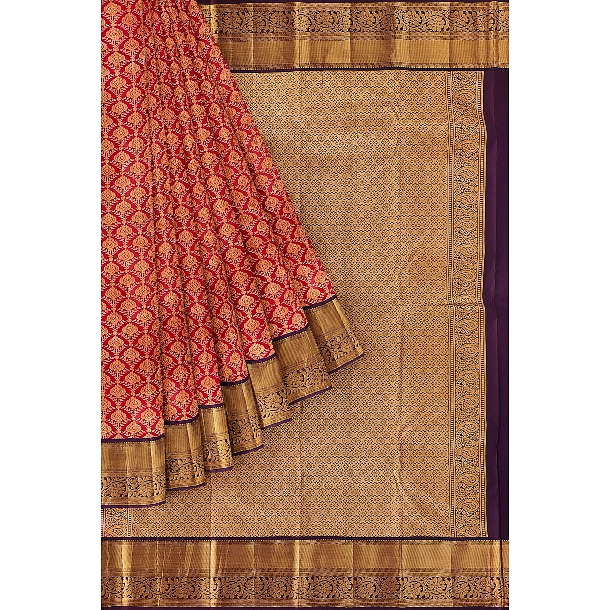 Red Kanjivaram Silk Saree with Maroon Zari Border – Traditional Pure Handloom Wedding Saree Online - New Sudarshan Silks`