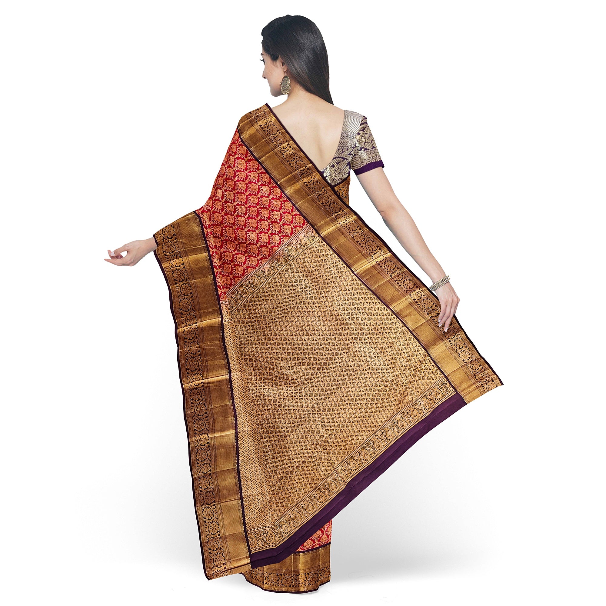Red Kanjivaram Silk Saree with Maroon Zari Border – Traditional Pure Handloom Wedding Saree Online - New Sudarshan Silks`