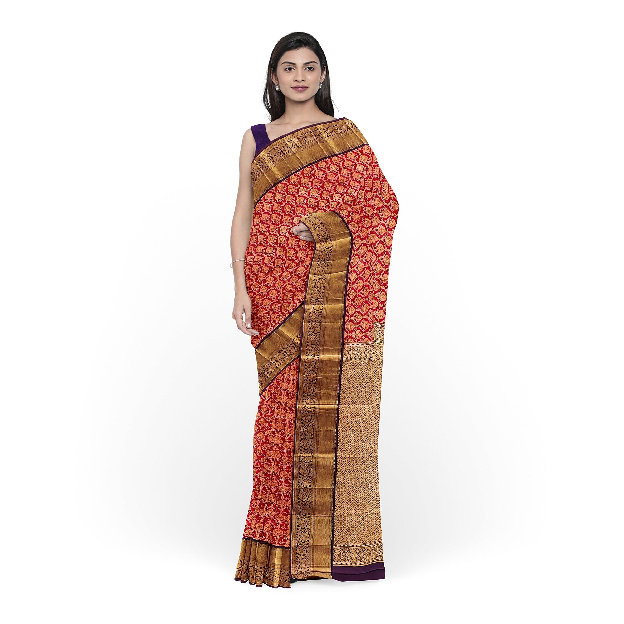 Red Kanjivaram Silk Saree with Maroon Zari Border – Traditional Pure Handloom Wedding Saree Online - New Sudarshan Silks`