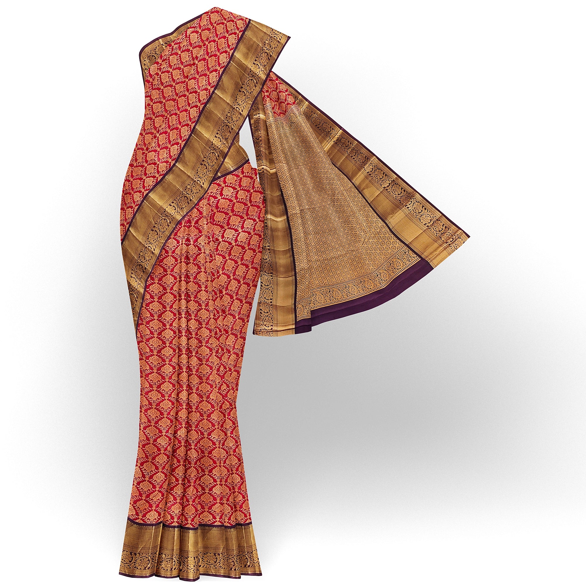 Red Kanjivaram Silk Saree with Maroon Zari Border – Traditional Pure Handloom Wedding Saree Online - New Sudarshan Silks`