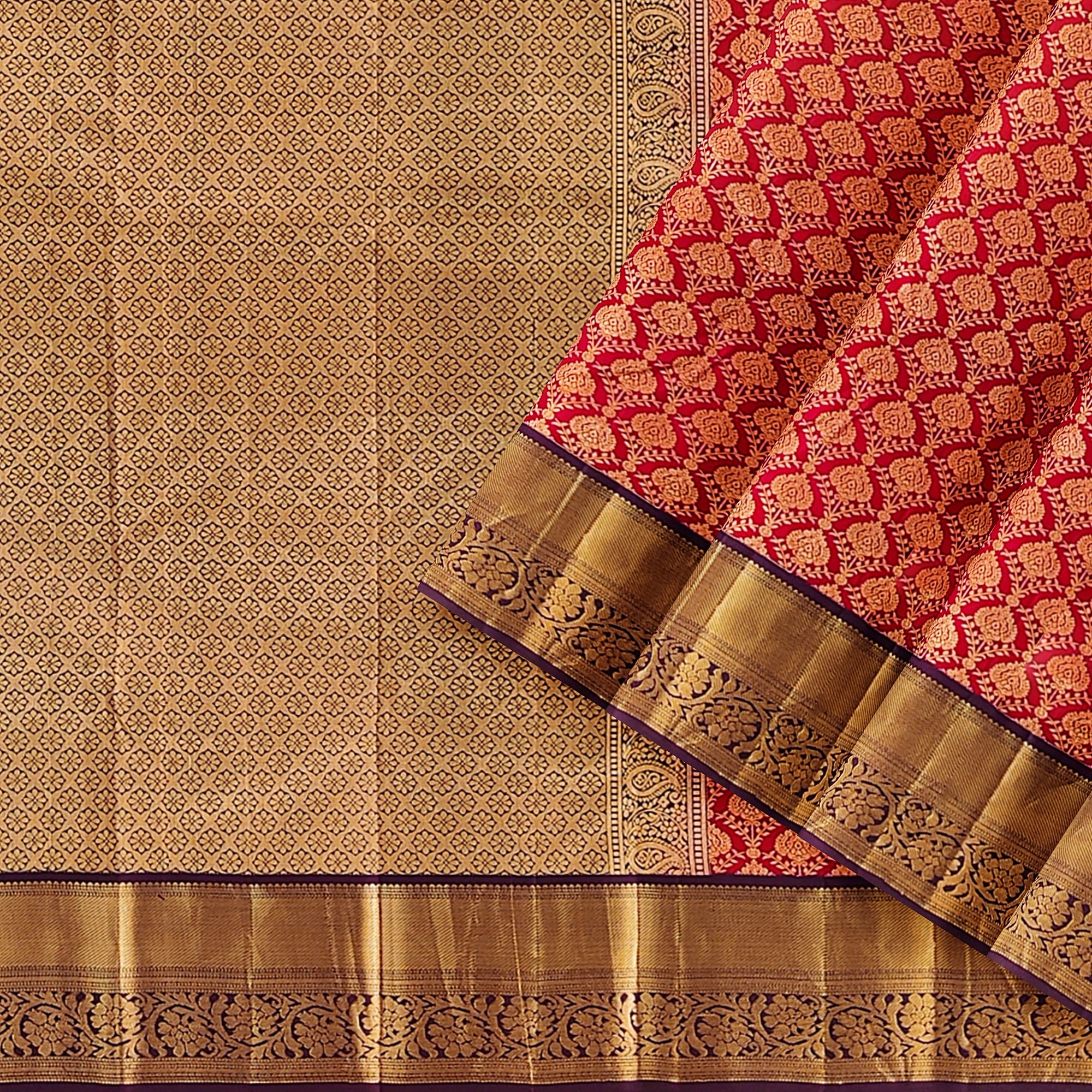 Red Kanjivaram Silk Saree with Maroon Zari Border – Traditional Pure Handloom Wedding Saree Online - New Sudarshan Silks`