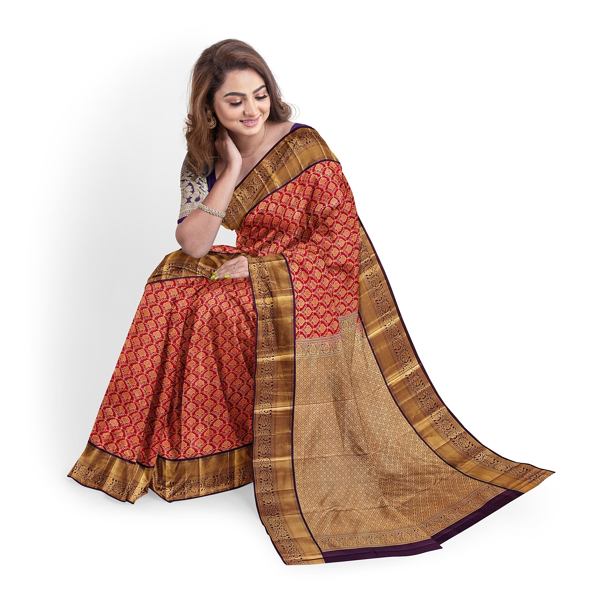 Red Kanjivaram Silk Saree with Maroon Zari Border – Traditional Pure Handloom Wedding Saree Online - New Sudarshan Silks`