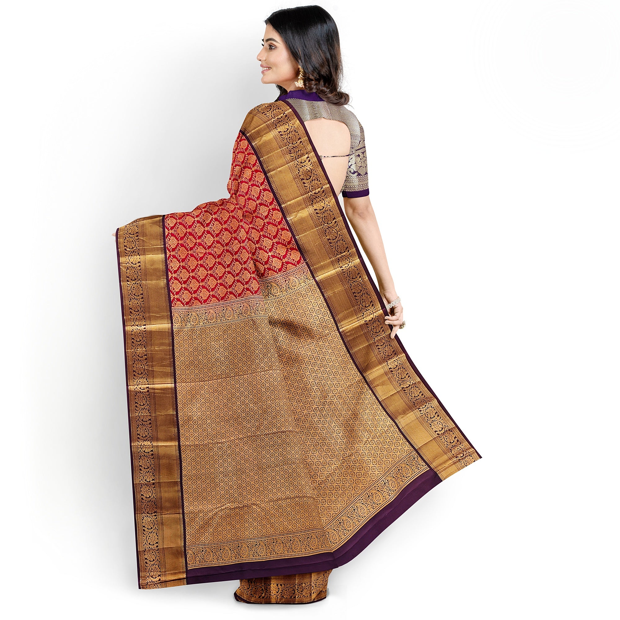 Red Kanjivaram Silk Saree with Maroon Zari Border – Traditional Pure Handloom Wedding Saree Online - New Sudarshan Silks`