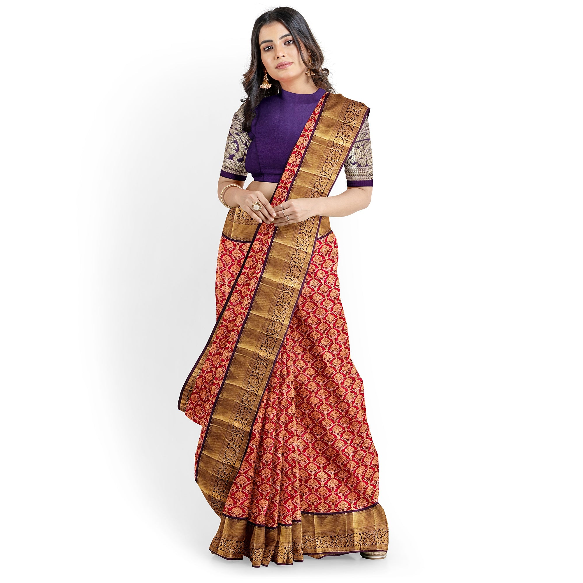 Red Kanjivaram Silk Saree with Maroon Zari Border – Traditional Pure Handloom Wedding Saree Online - New Sudarshan Silks`