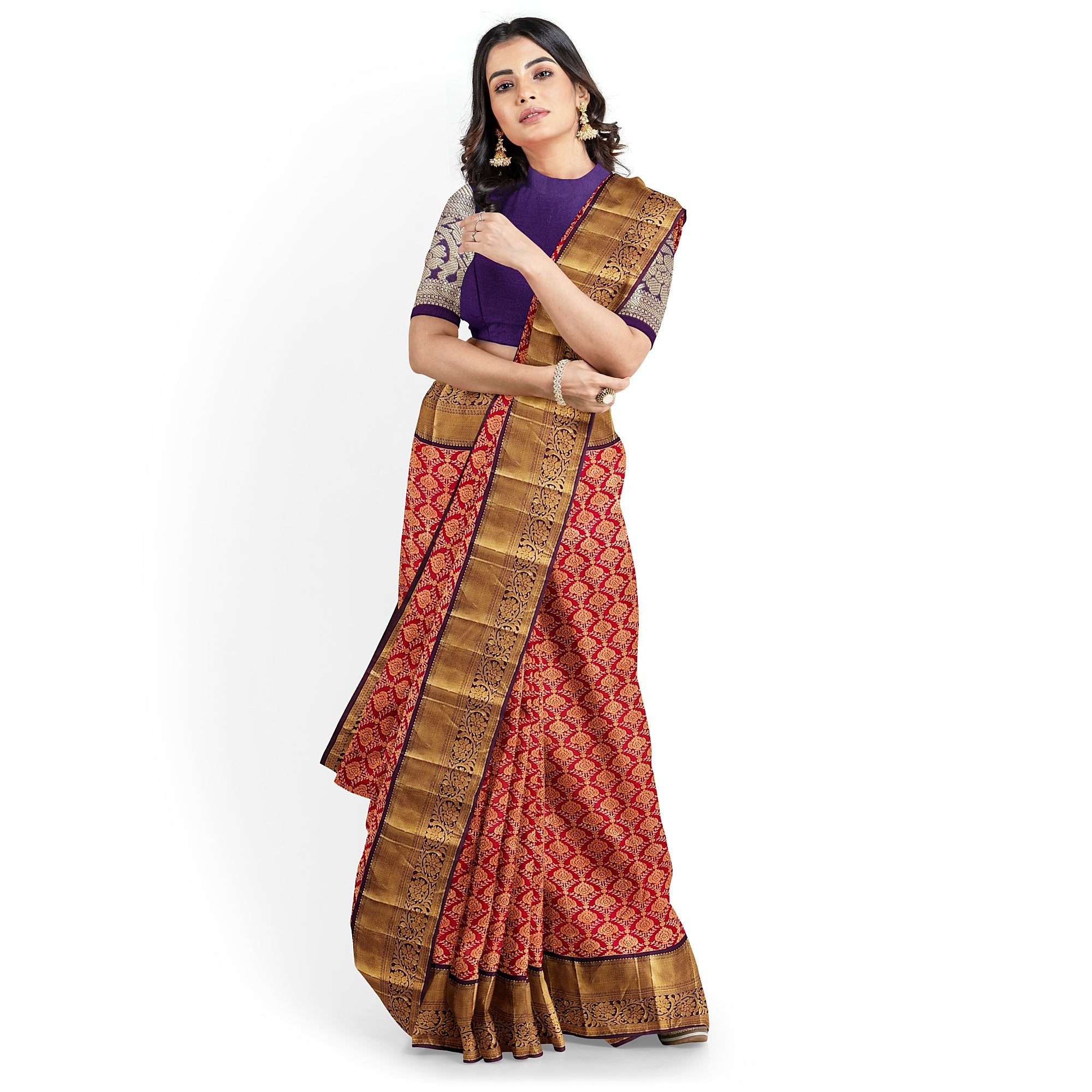 Red Kanjivaram Silk Saree with Maroon Zari Border – Traditional Pure Handloom Wedding Saree Online - New Sudarshan Silks`