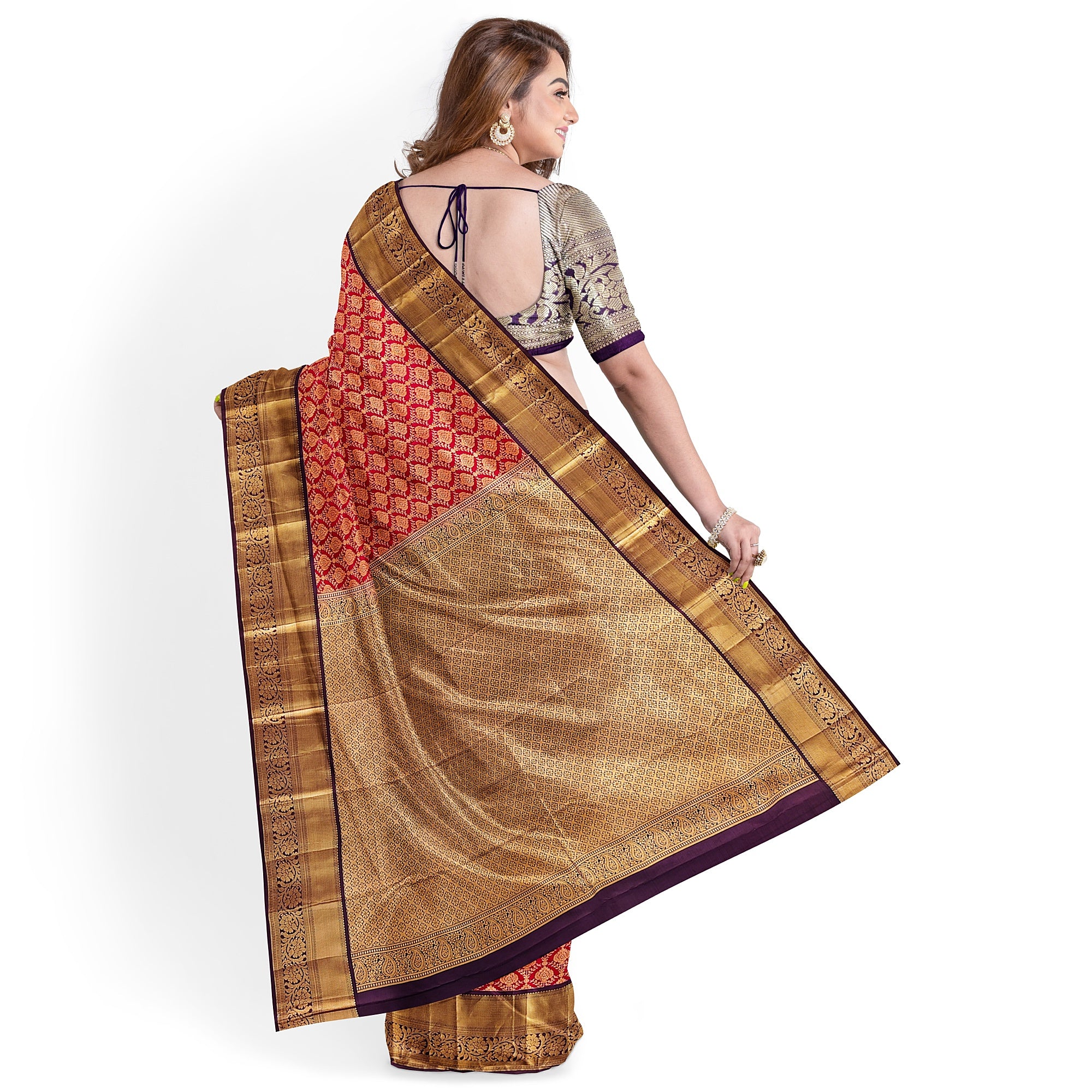Red Kanjivaram Silk Saree with Maroon Zari Border – Traditional Pure Handloom Wedding Saree Online - New Sudarshan Silks`