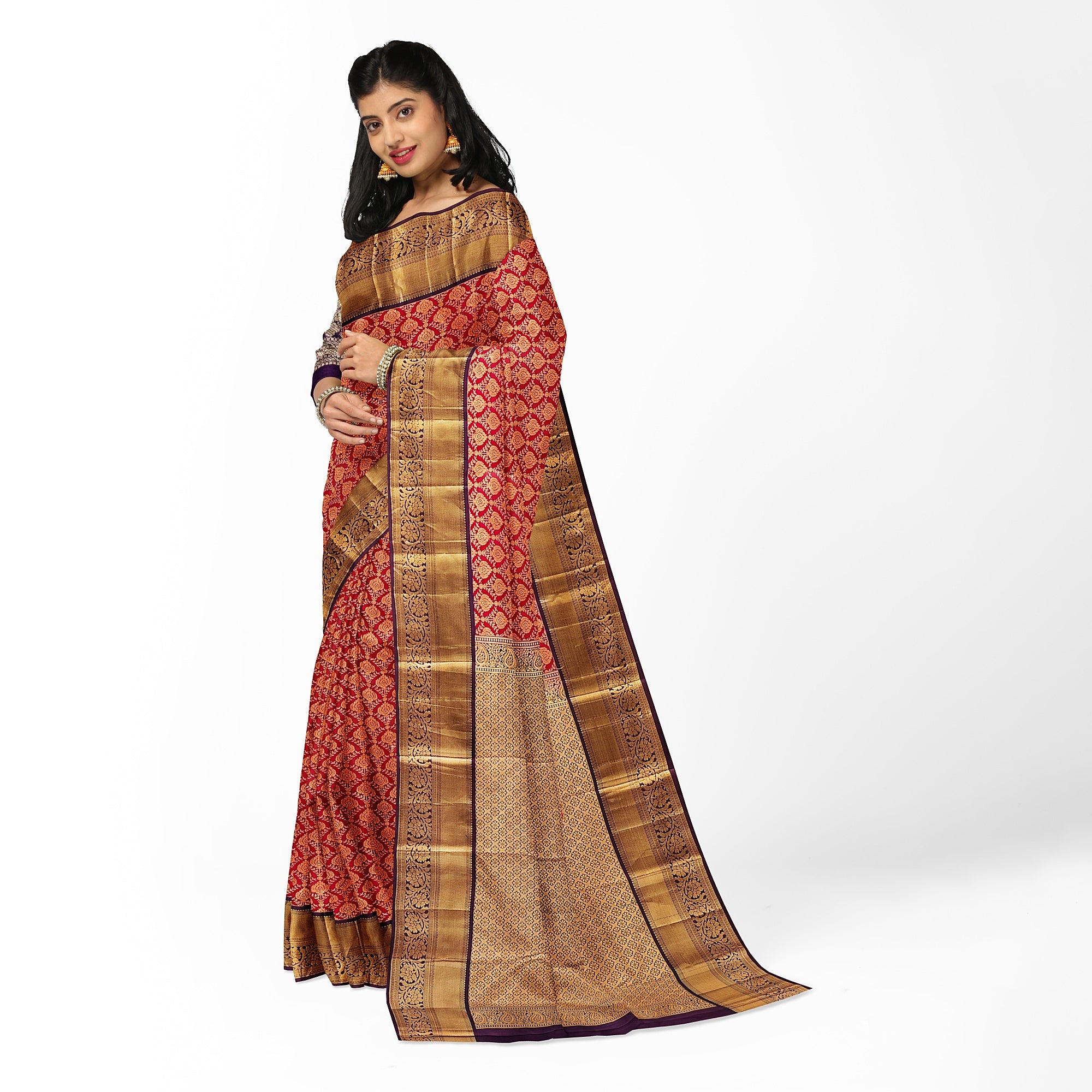 Red Kanjivaram Silk Saree with Maroon Zari Border – Traditional Pure Handloom Wedding Saree Online - New Sudarshan Silks`
