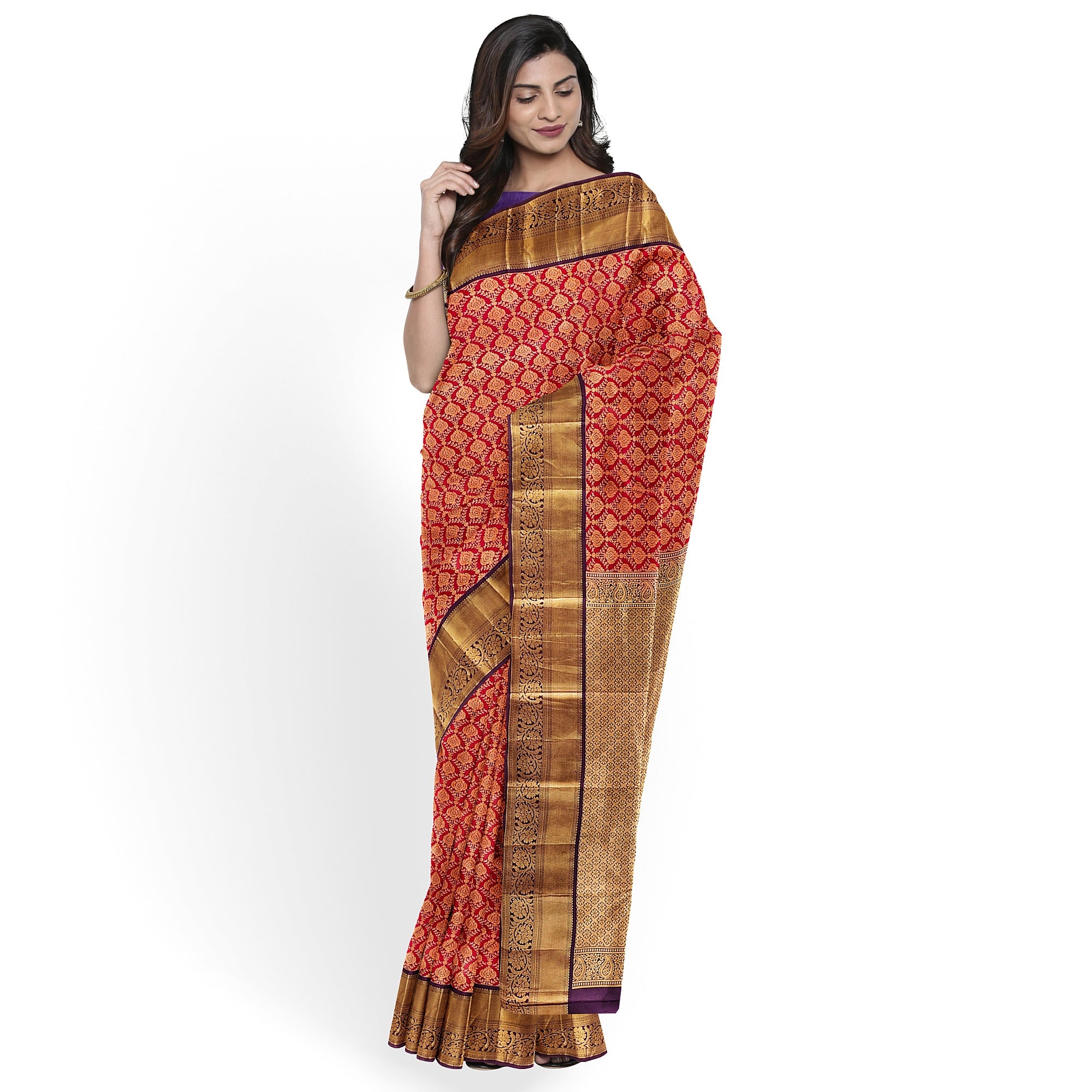 Red Kanjivaram Silk Saree with Maroon Zari Border – Traditional Pure Handloom Wedding Saree Online - New Sudarshan Silks`