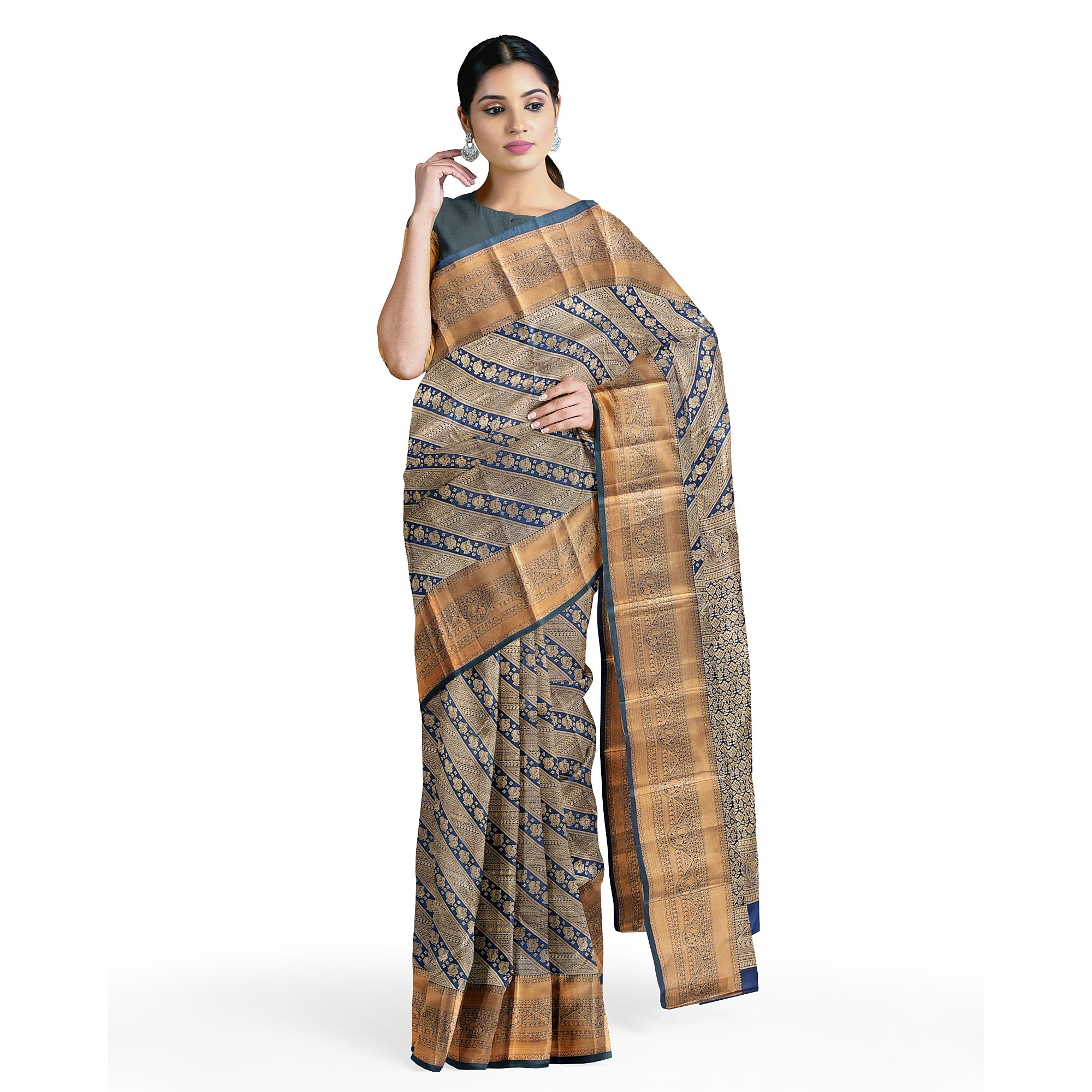 Peacock Green Kanjivaram Silk Saree with Self Zari Border – Pure Handloom Bridal Saree Online - New Sudarshan Silks`