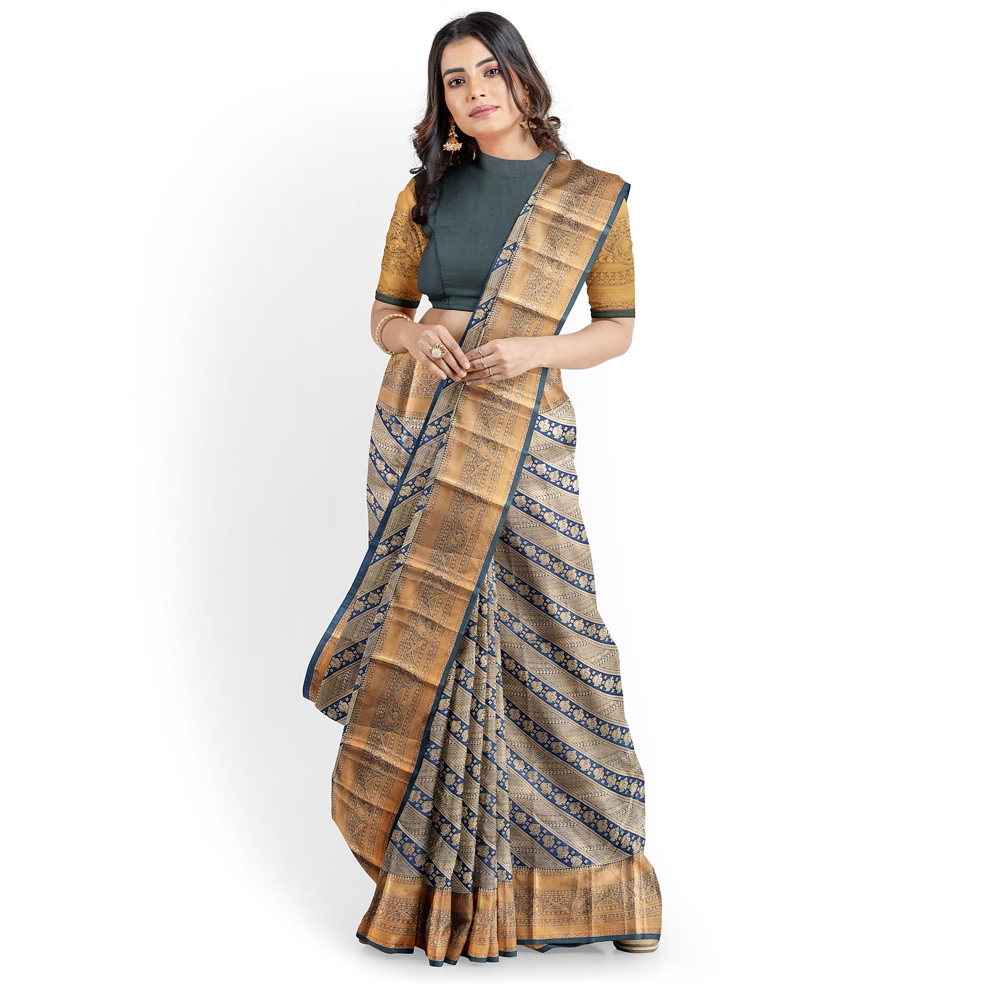Peacock Green Kanjivaram Silk Saree with Self Zari Border – Pure Handloom Bridal Saree Online - New Sudarshan Silks`