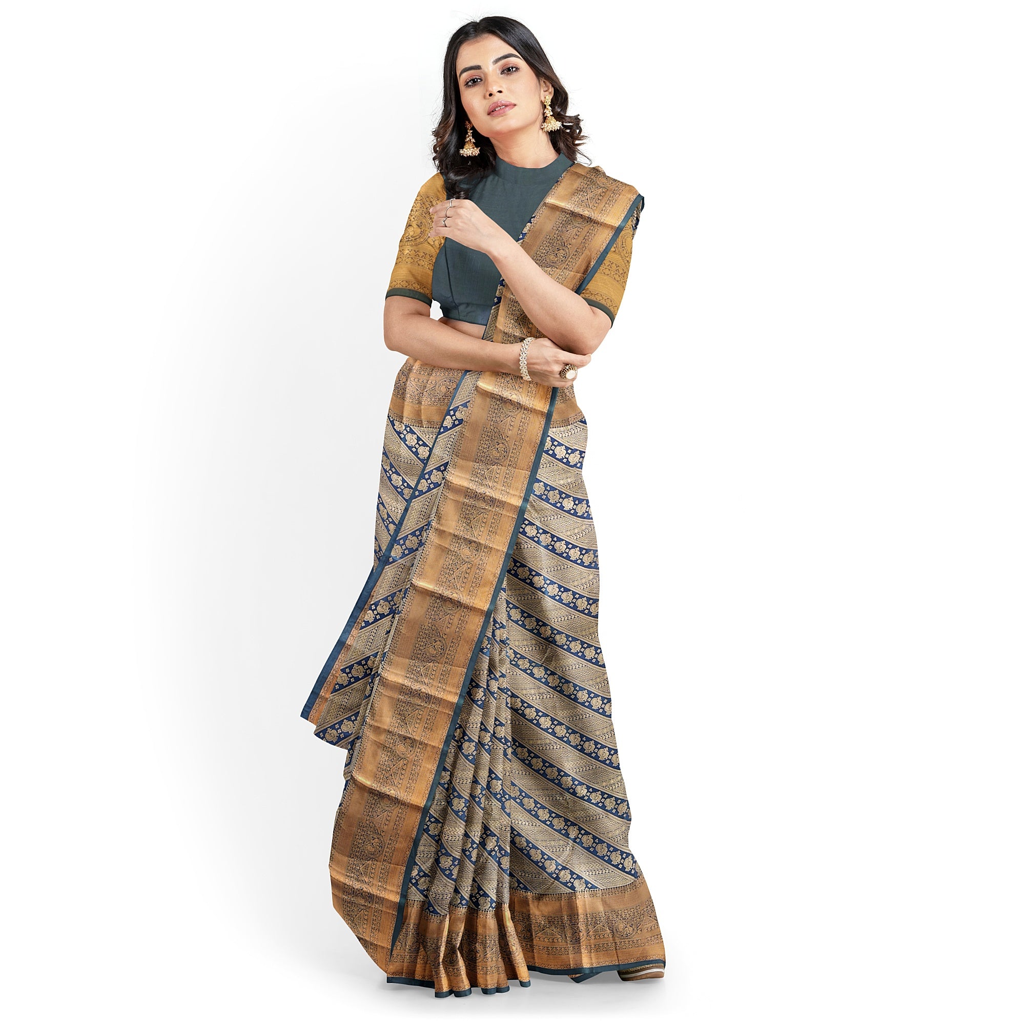 Peacock Green Kanjivaram Silk Saree with Self Zari Border – Pure Handloom Bridal Saree Online - New Sudarshan Silks`