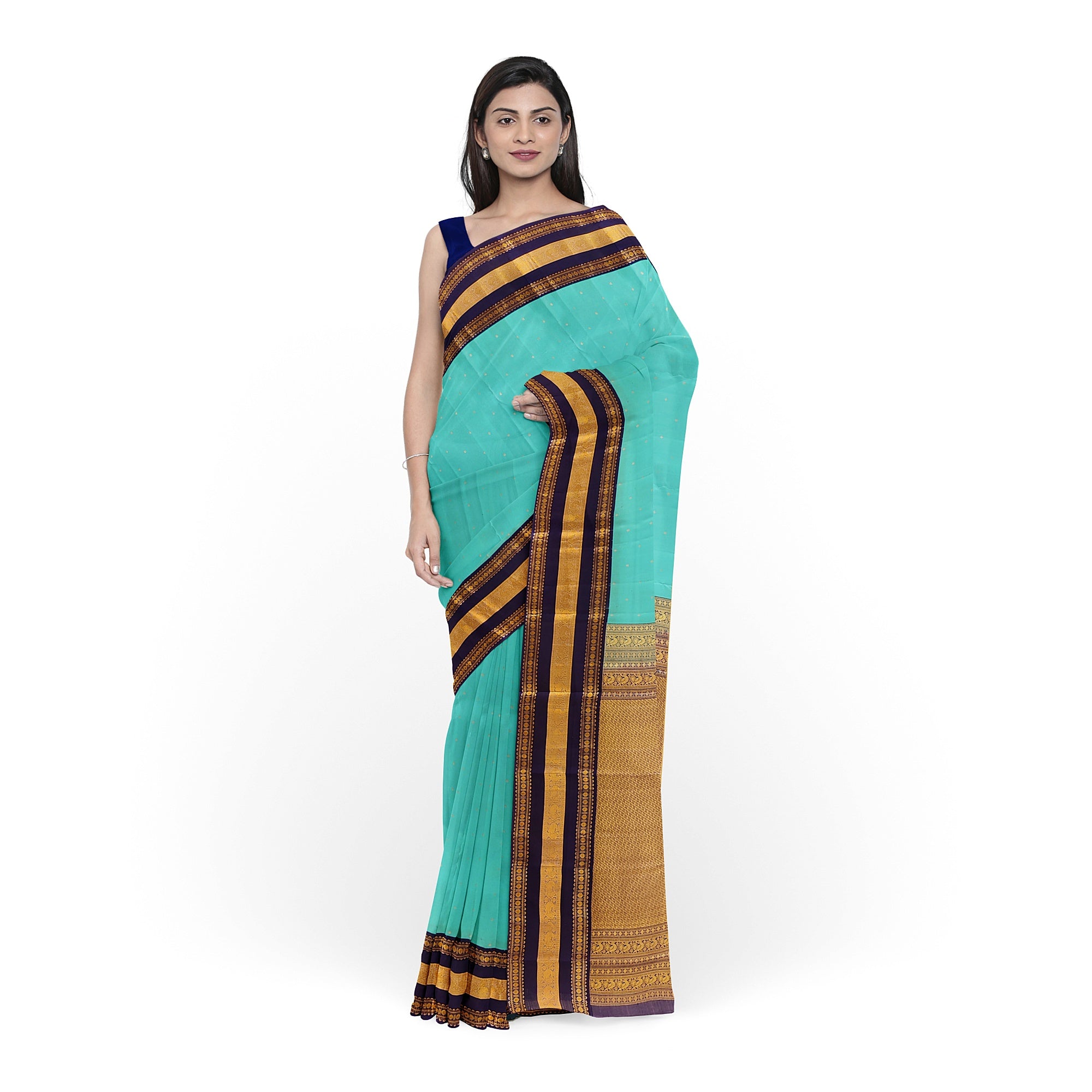 Sky Blue Kanjivaram Silk Saree with Navy Blue Zari Border – Pure Handloom Bridal Saree Online - New Sudarshan Silks`