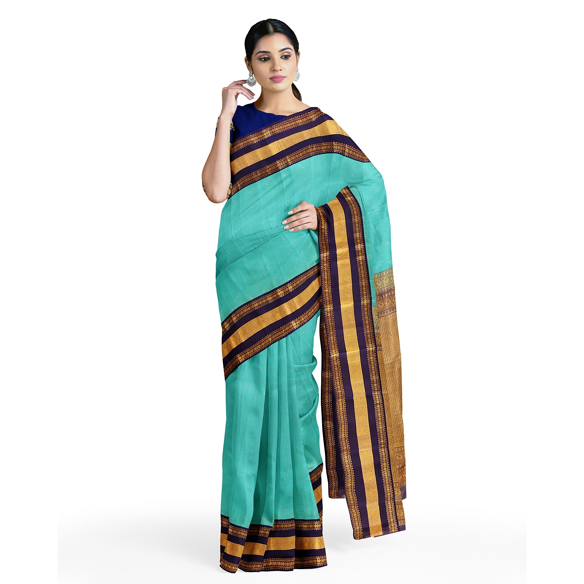 Sky Blue Kanjivaram Silk Saree with Navy Blue Zari Border – Pure Handloom Bridal Saree Online - New Sudarshan Silks`