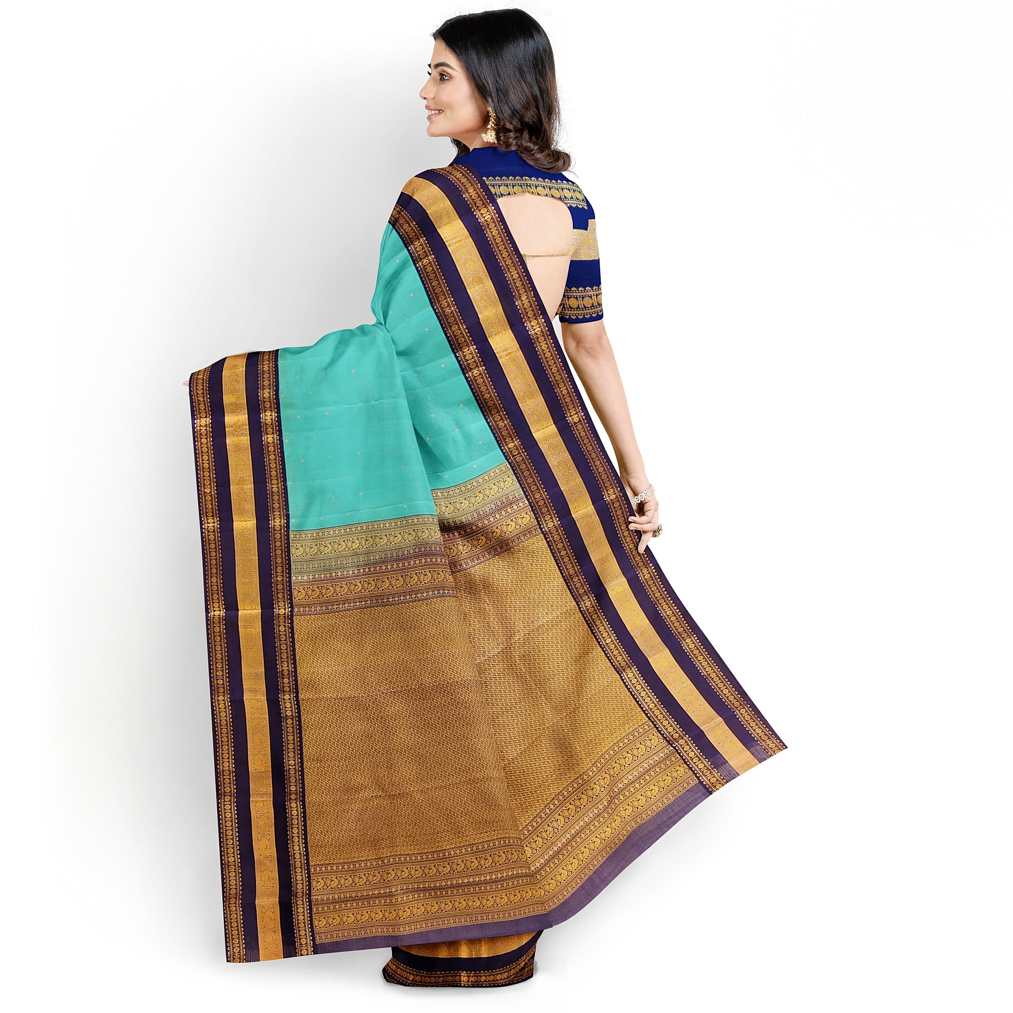Sky Blue Kanjivaram Silk Saree with Navy Blue Zari Border – Pure Handloom Bridal Saree Online - New Sudarshan Silks`