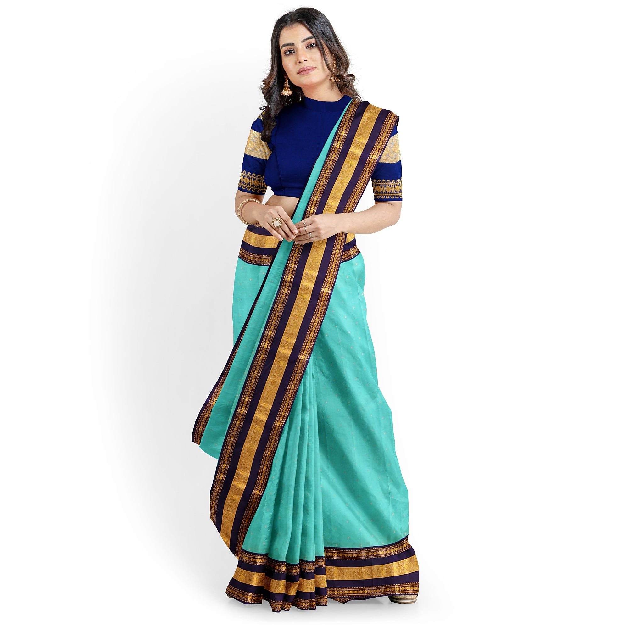 Sky Blue Kanjivaram Silk Saree with Navy Blue Zari Border – Pure Handloom Bridal Saree Online - New Sudarshan Silks`