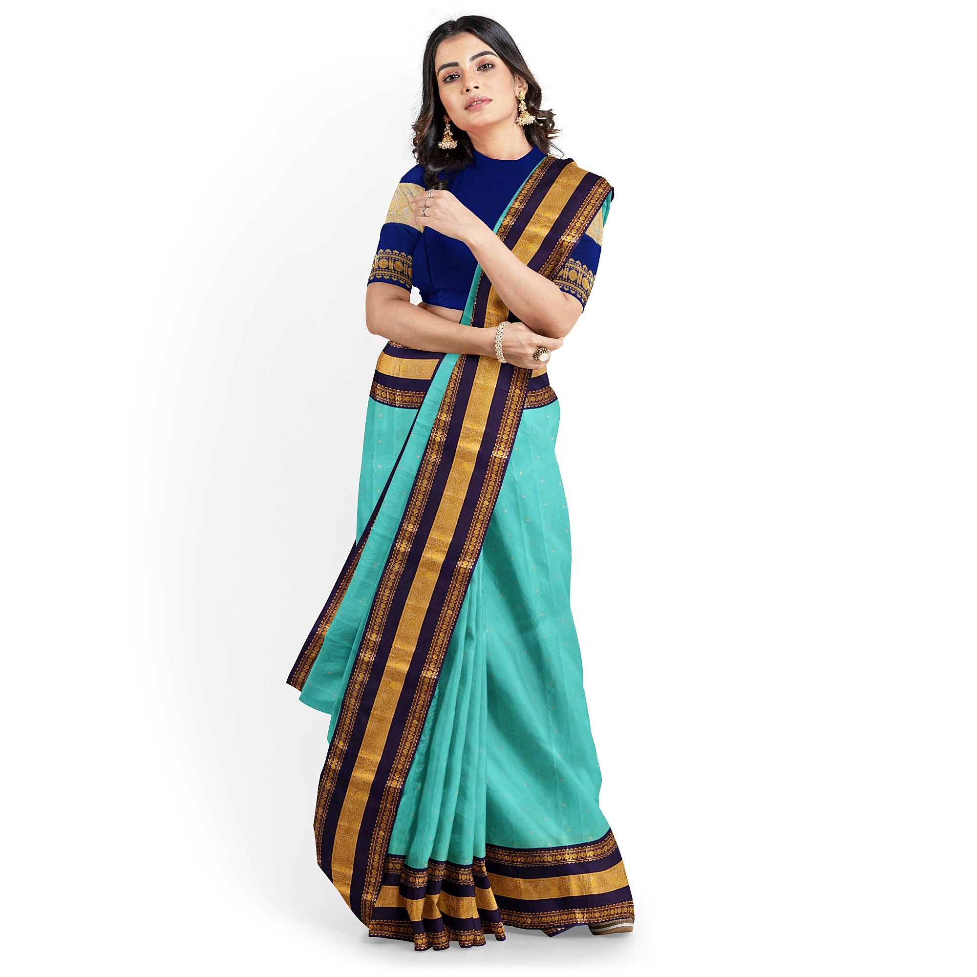 Sky Blue Kanjivaram Silk Saree with Navy Blue Zari Border – Pure Handloom Bridal Saree Online - New Sudarshan Silks`