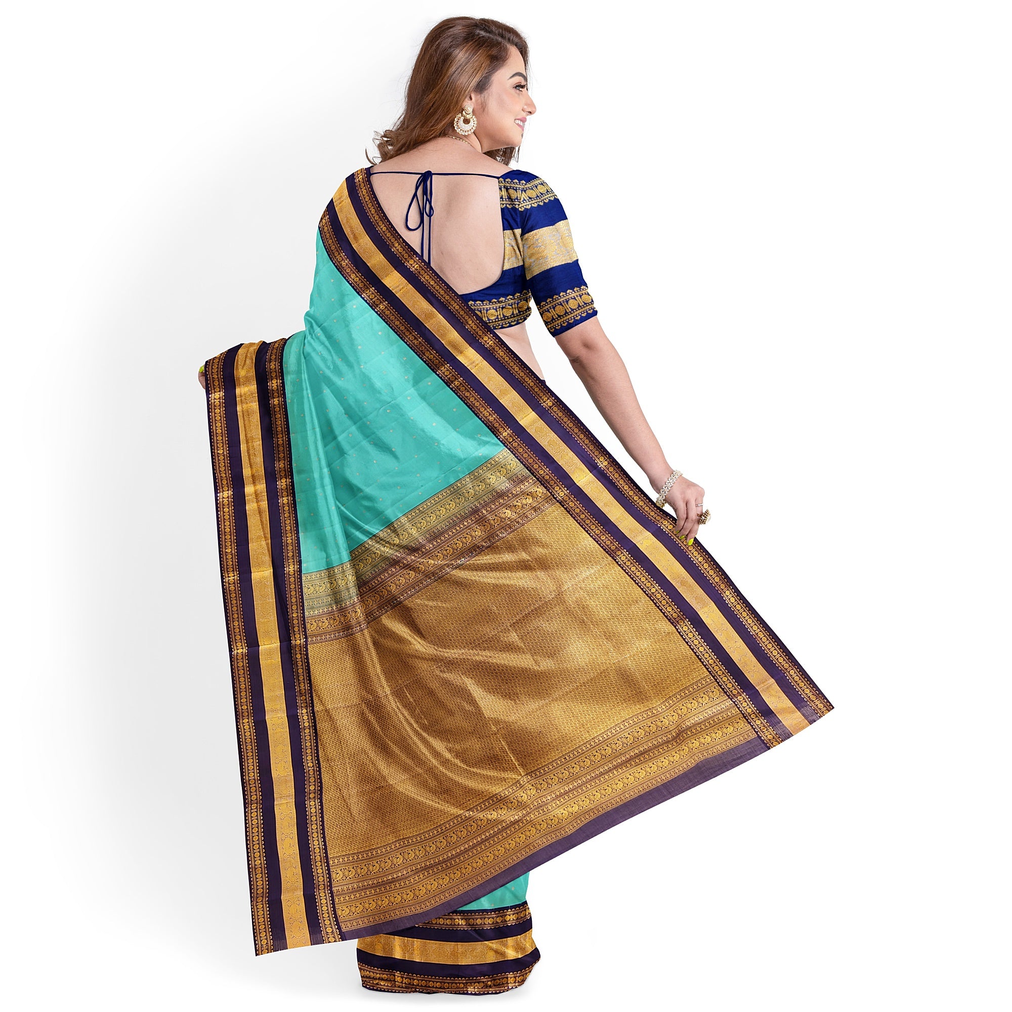 Sky Blue Kanjivaram Silk Saree with Navy Blue Zari Border – Pure Handloom Bridal Saree Online - New Sudarshan Silks`