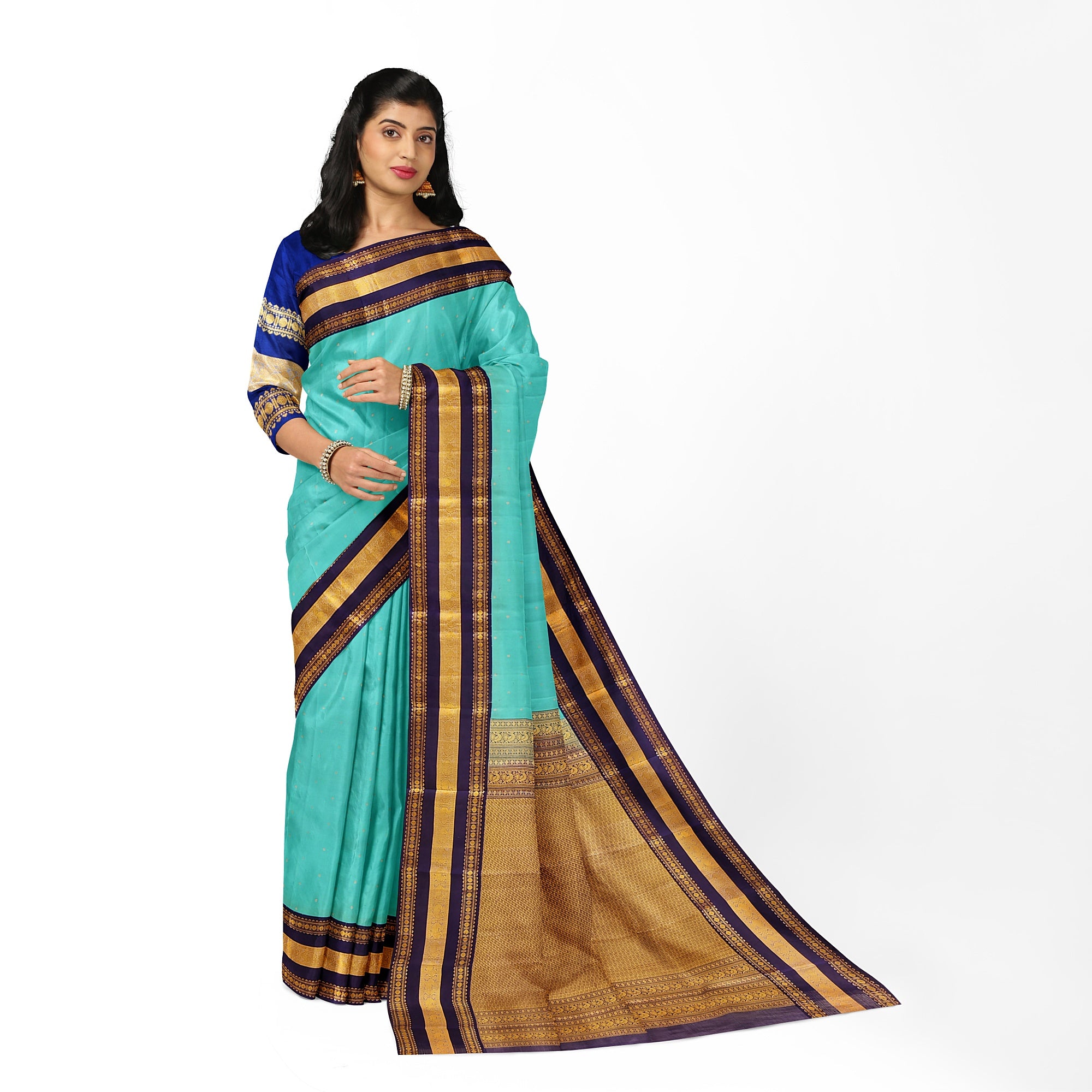 Sky Blue Kanjivaram Silk Saree with Navy Blue Zari Border – Pure Handloom Bridal Saree Online - New Sudarshan Silks`