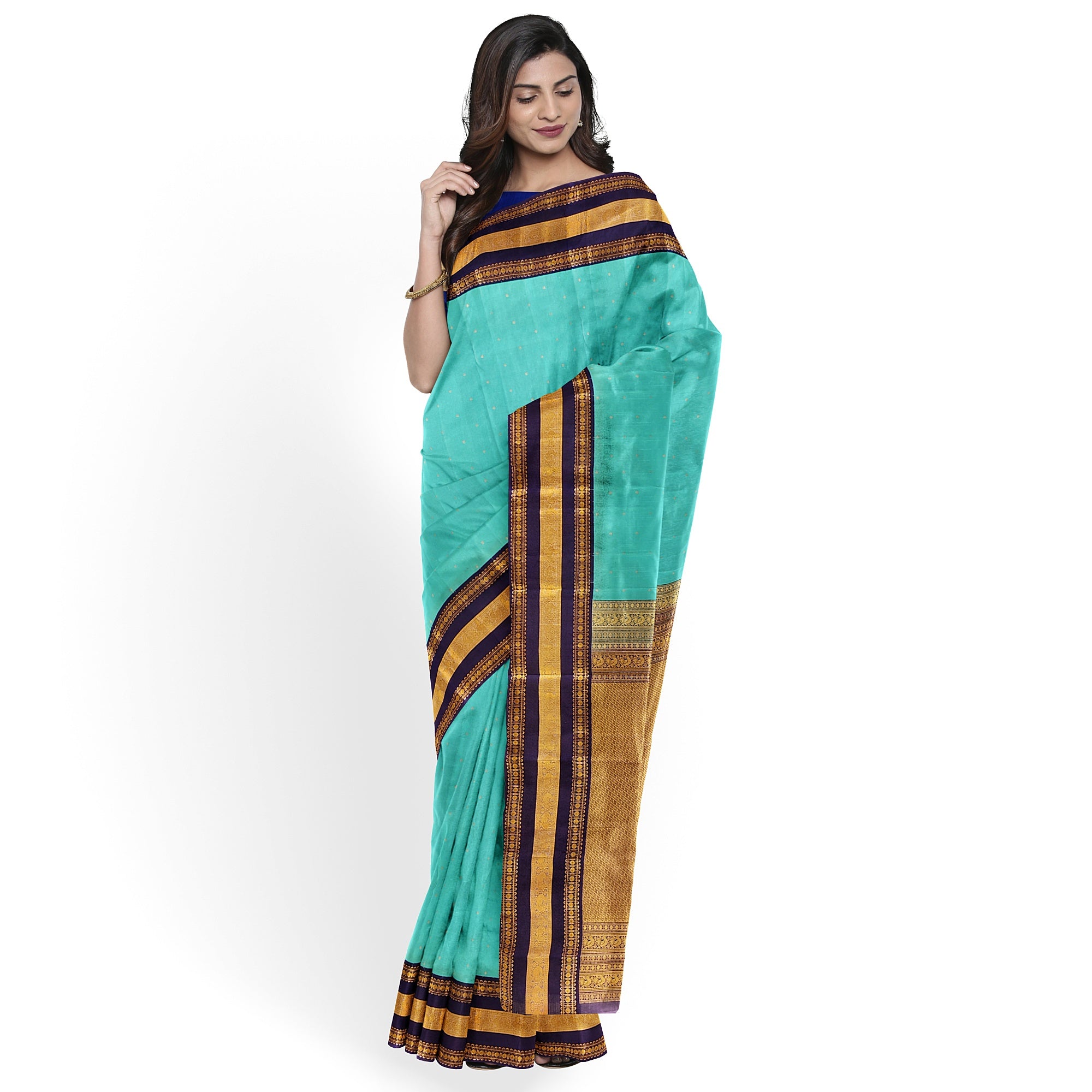 Sky Blue Kanjivaram Silk Saree with Navy Blue Zari Border – Pure Handloom Bridal Saree Online - New Sudarshan Silks`