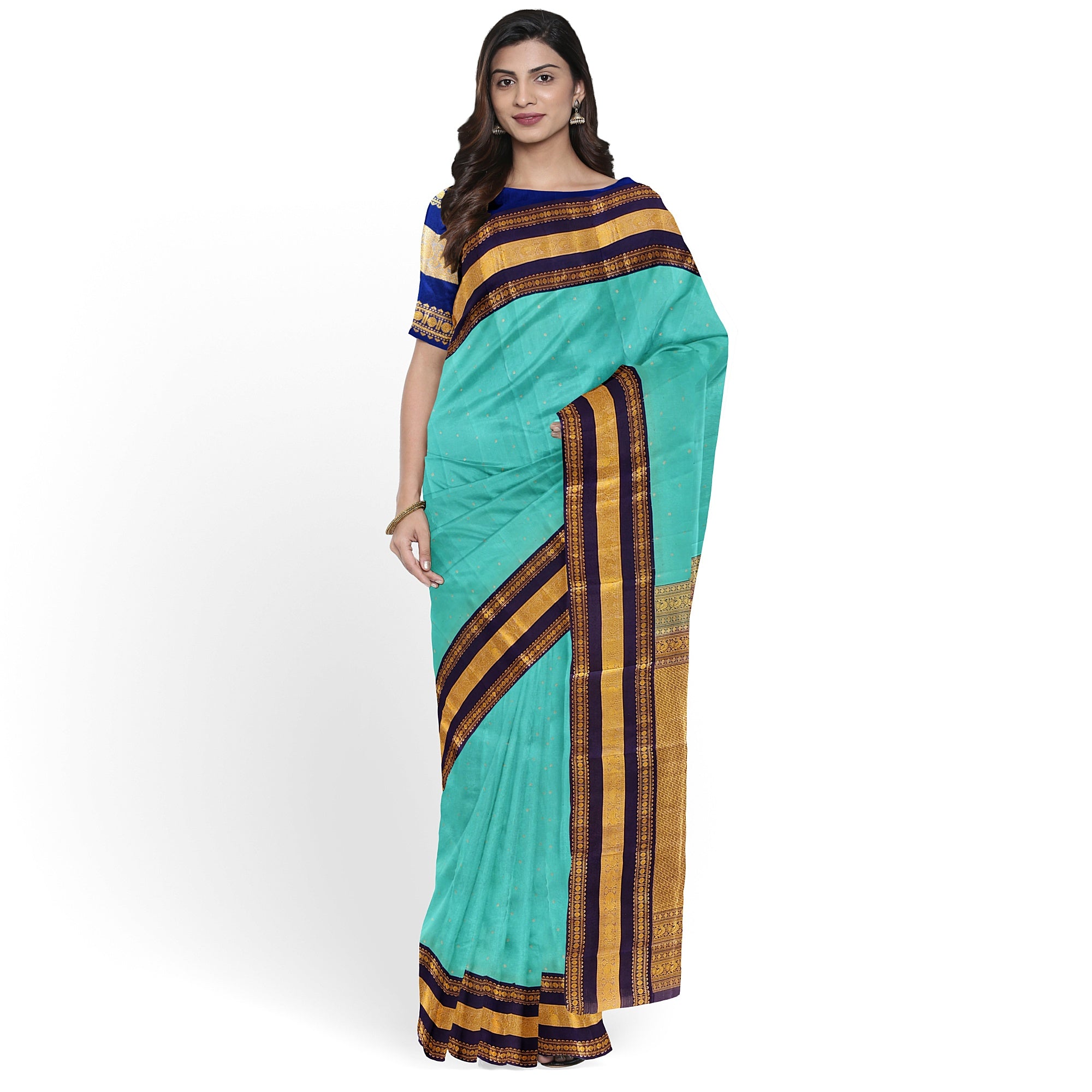 Sky Blue Kanjivaram Silk Saree with Navy Blue Zari Border – Pure Handloom Bridal Saree Online - New Sudarshan Silks`