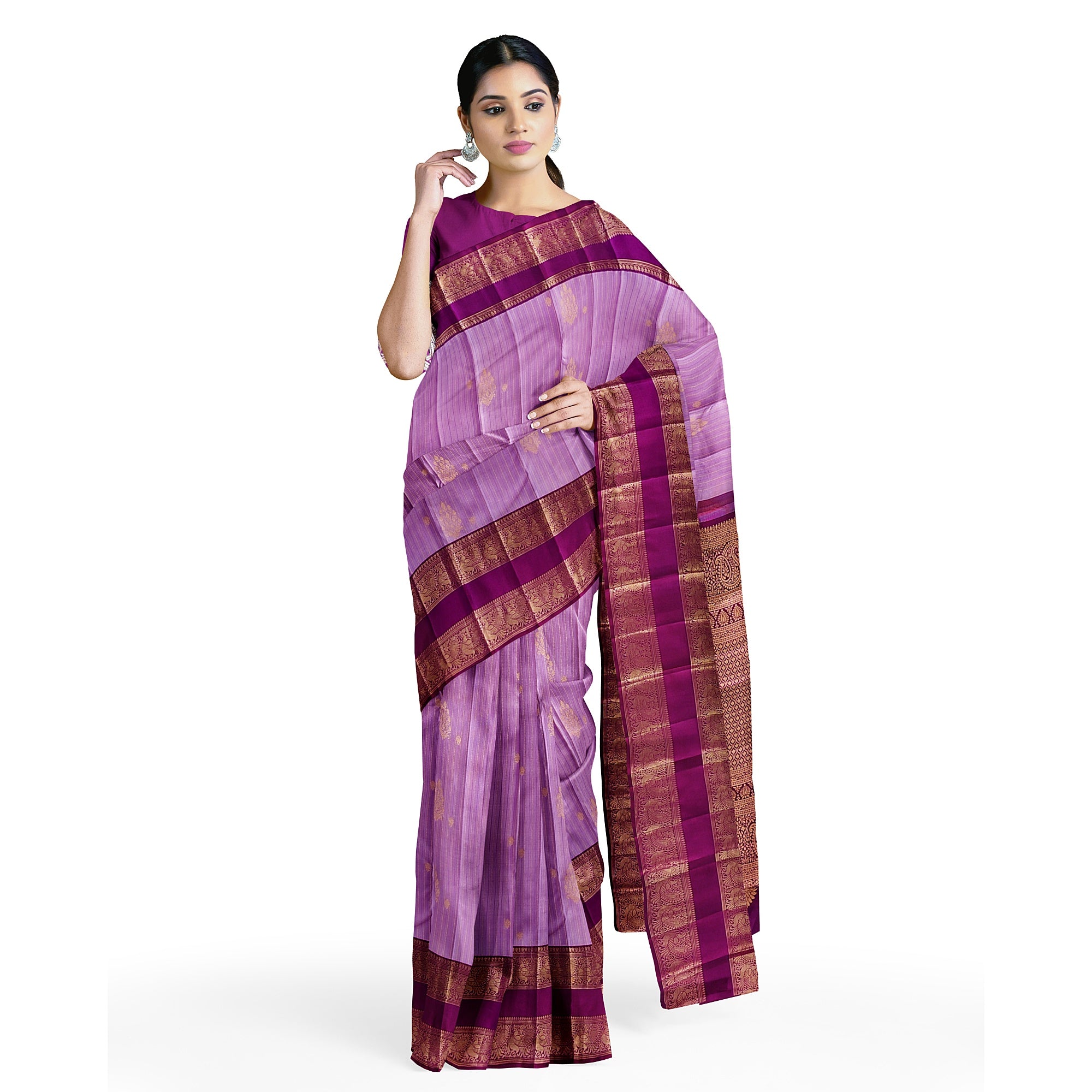 Baby Pink Kanjivaram Silk Saree with Dark Pink Zari Border – Pure Handloom Bridal Saree Online - New Sudarshan Silks`