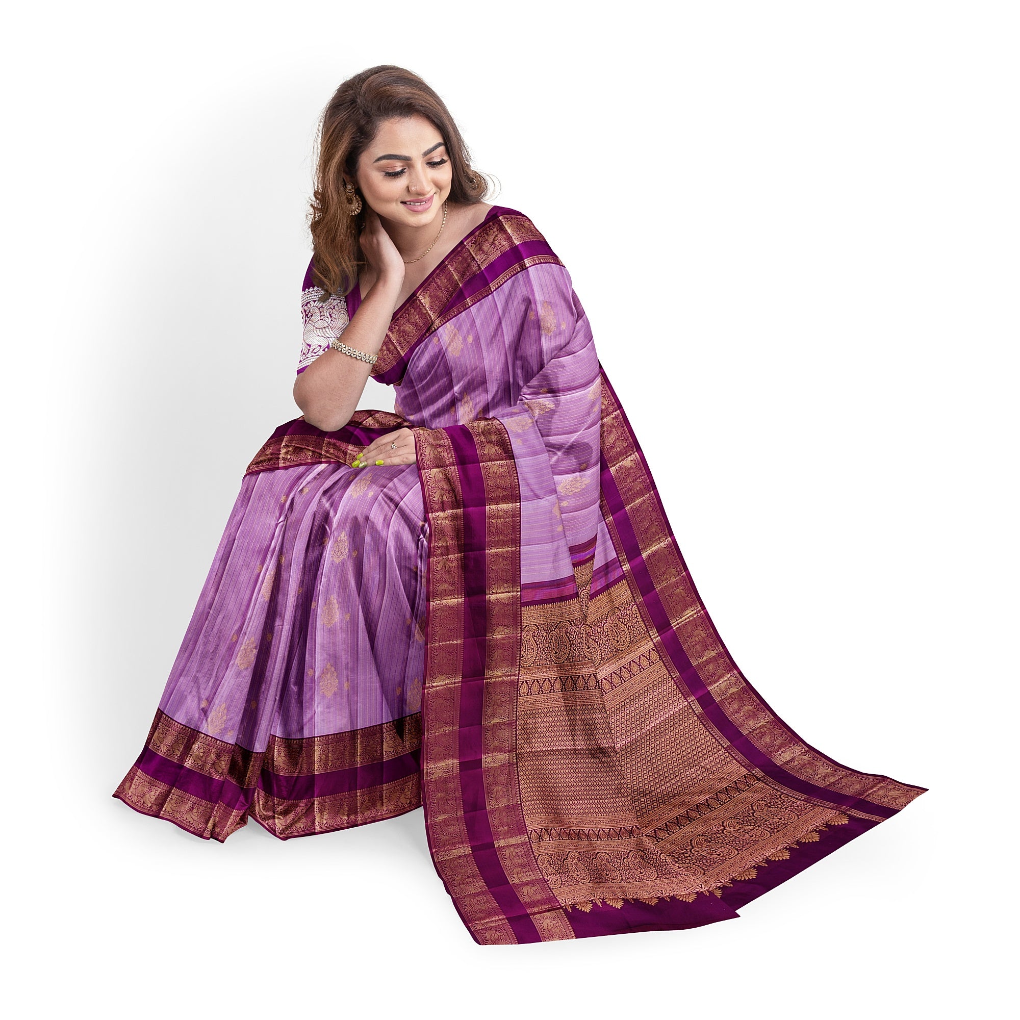 Baby Pink Kanjivaram Silk Saree with Dark Pink Zari Border – Pure Handloom Bridal Saree Online - New Sudarshan Silks`