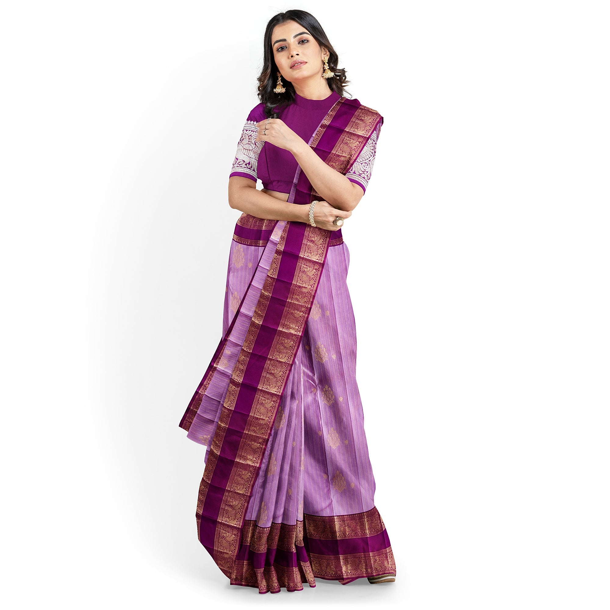 Baby Pink Kanjivaram Silk Saree with Dark Pink Zari Border – Pure Handloom Bridal Saree Online - New Sudarshan Silks`