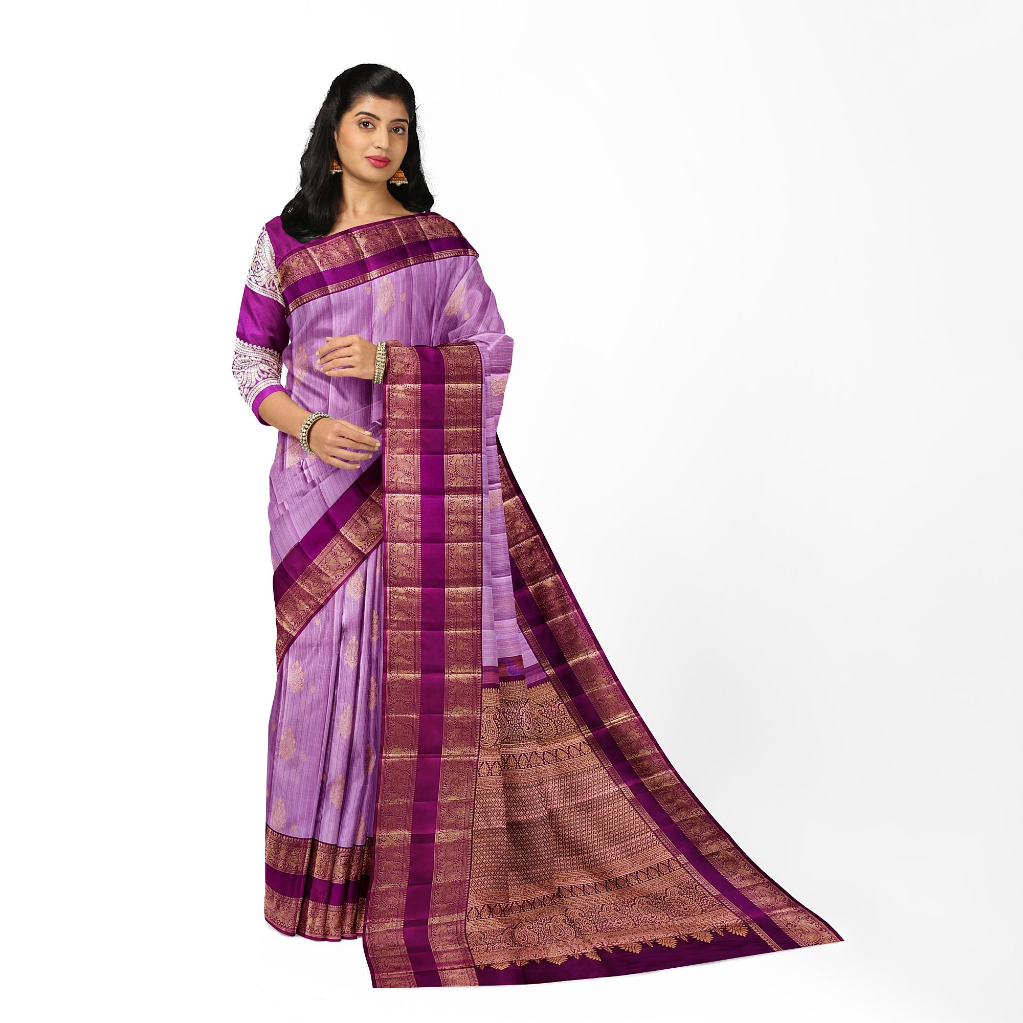 Baby Pink Kanjivaram Silk Saree with Dark Pink Zari Border – Pure Handloom Bridal Saree Online - New Sudarshan Silks`