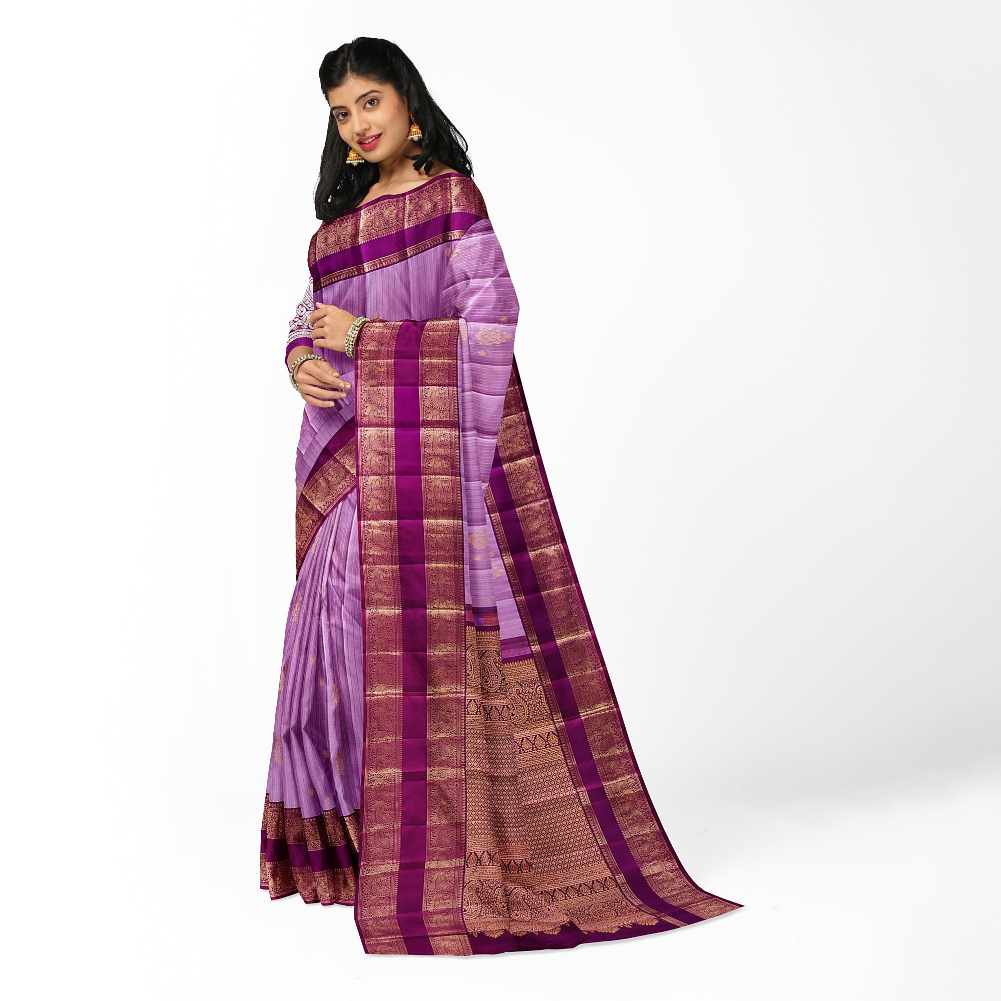 Baby Pink Kanjivaram Silk Saree with Dark Pink Zari Border – Pure Handloom Bridal Saree Online - New Sudarshan Silks`