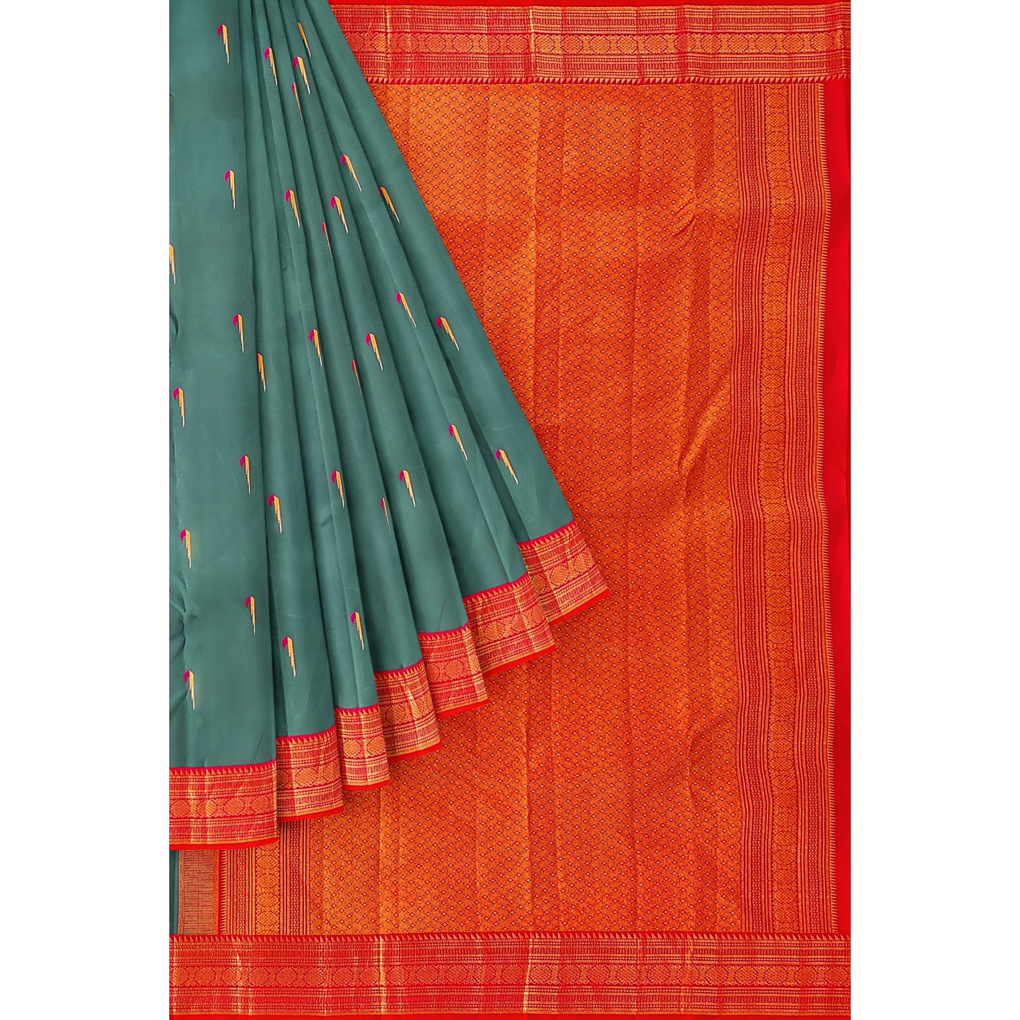 Peacock Green Kanjivaram Silk Saree with Paithani Body and Orange Zari Border – Luxurious Handloom Saree Online - New Sudarshan Silks`