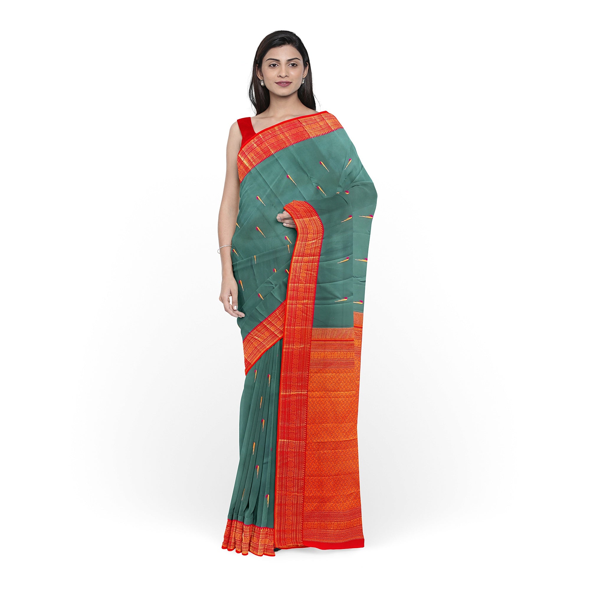 Peacock Green Kanjivaram Silk Saree with Paithani Body and Orange Zari Border – Luxurious Handloom Saree Online - New Sudarshan Silks`