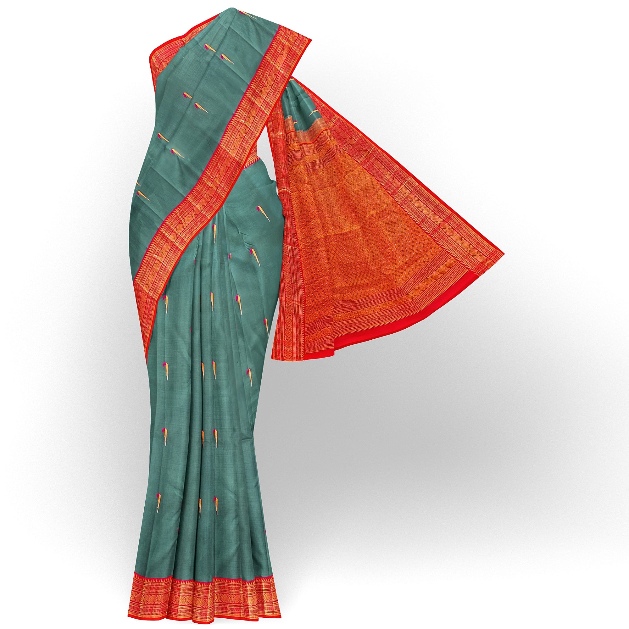 Peacock Green Kanjivaram Silk Saree with Paithani Body and Orange Zari Border – Luxurious Handloom Saree Online - New Sudarshan Silks`